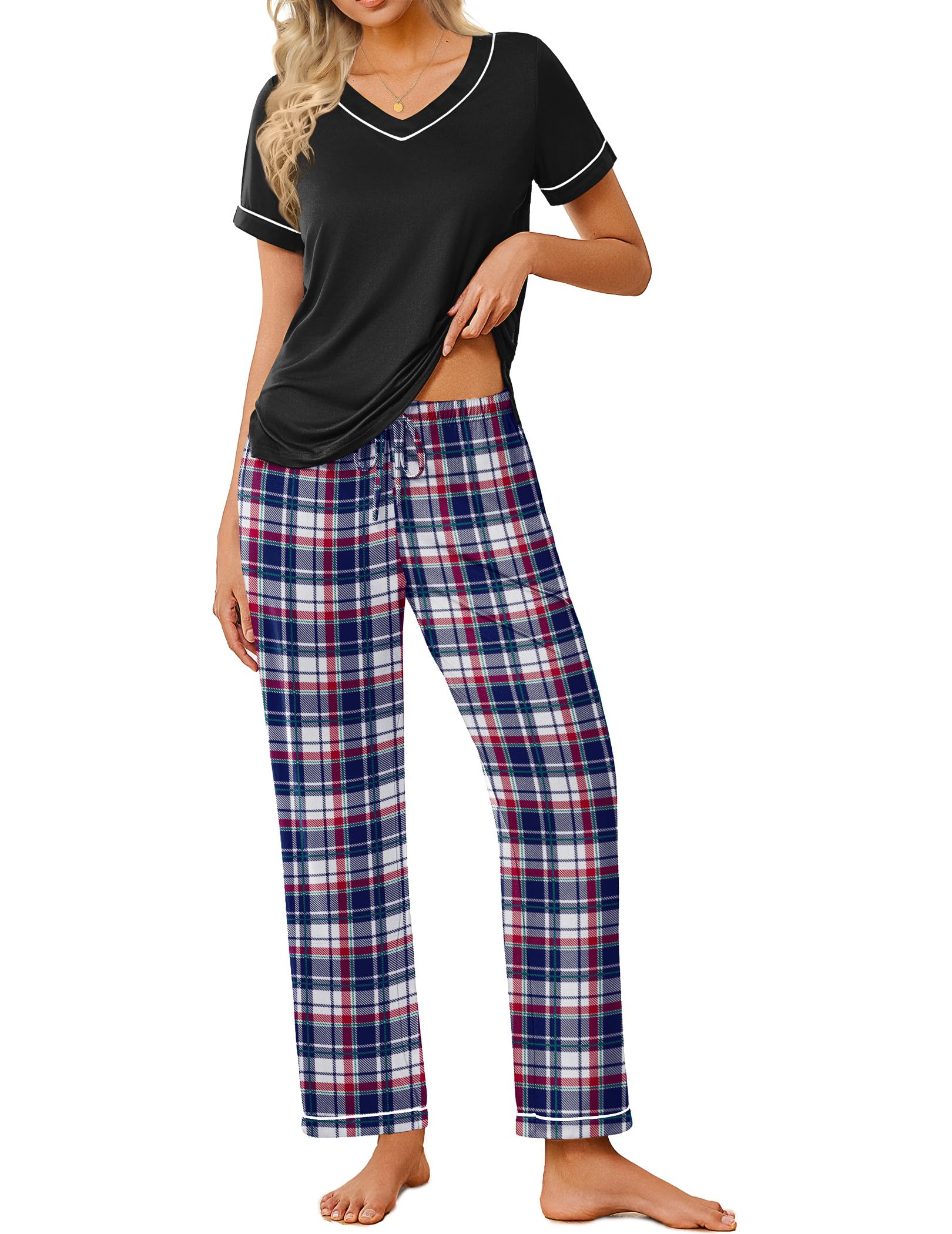 Ekouaer Pajamas for Women Set 2 Piece Lounge Set Soft Pajama Sets Short Sleeve and Pants Pj Sets Loose Sleepwear with Pockets