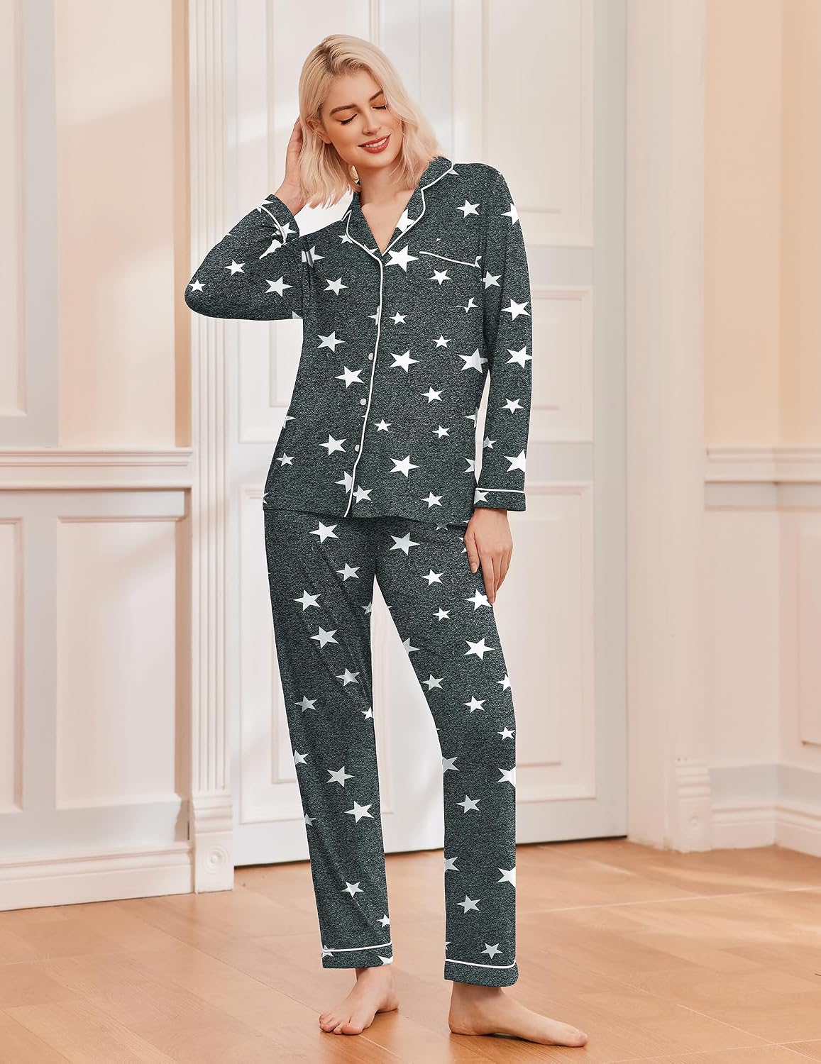 Ekouaer Pajamas Womens Long Sleeve Sleepwear Button Down Loungewear Pjs Set