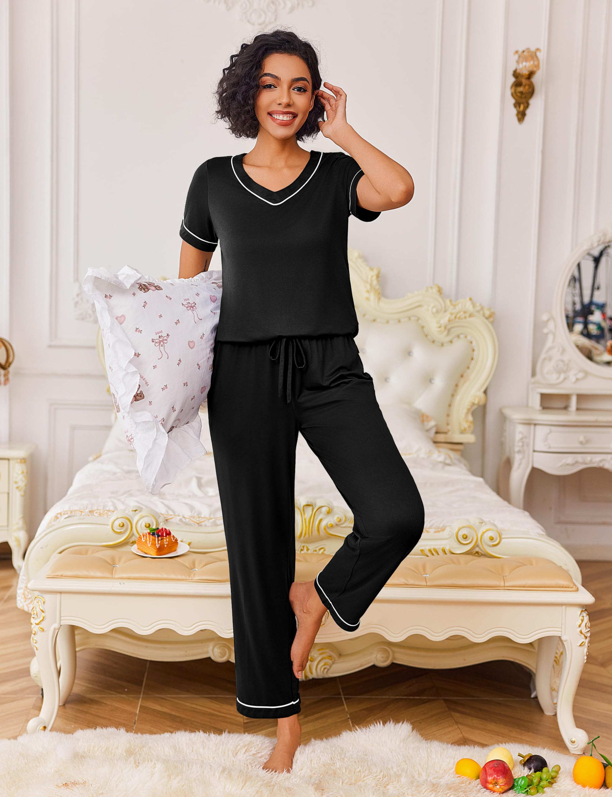 Ekouaer Pajamas for Women Set 2 Piece Lounge Set Soft Pajama Sets Short Sleeve and Pants Pj Sets Loose Sleepwear with Pockets