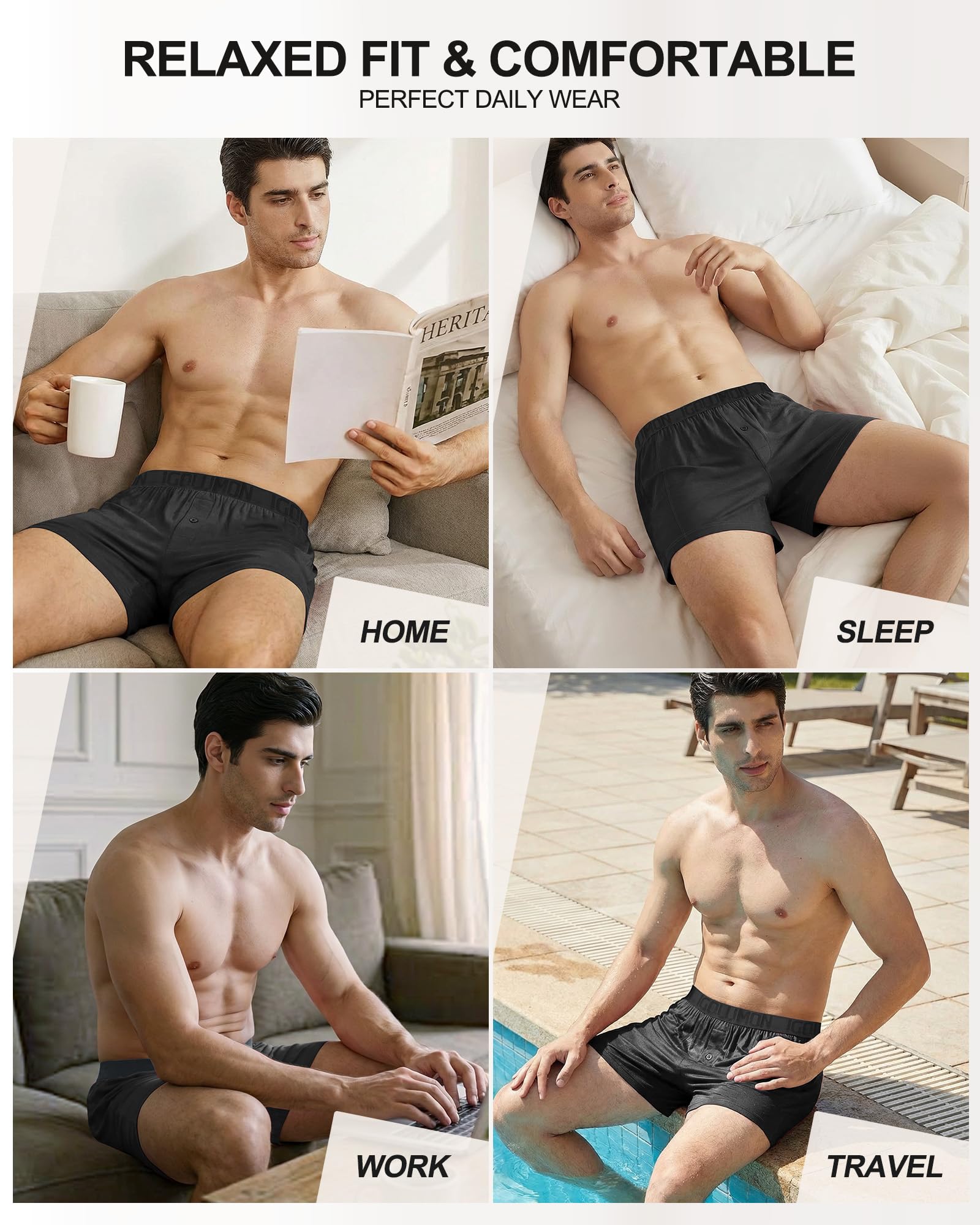 IGOLUMON Mens Boxer Shorts Underwear Soft Breathable Bamboo Rayon Boxers for Men Relaxed Fit Boxers with Button Fly 5 Pack