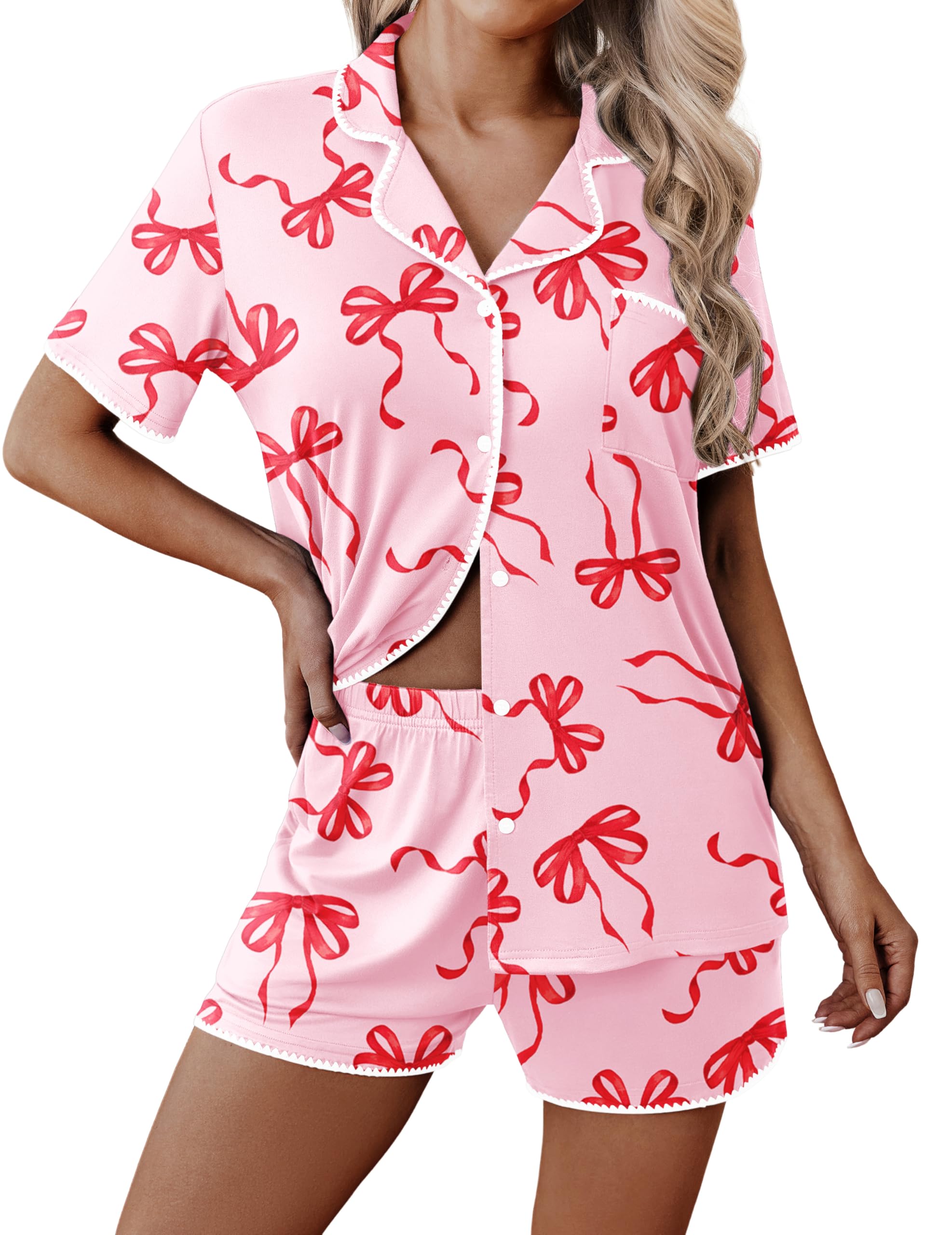 Ekouaer Pajamas for Women Set 2 Piece Soft Button Down Top and Shorts