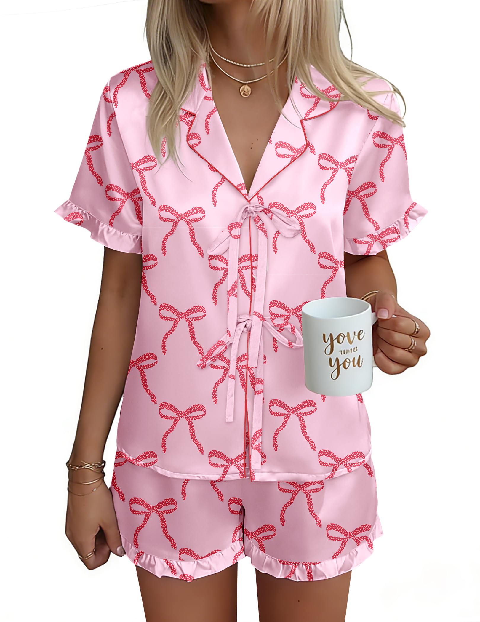 Ekouaer Satin Pajama for Women Short Sleeve Silky Pj Short Sets Lounge Set