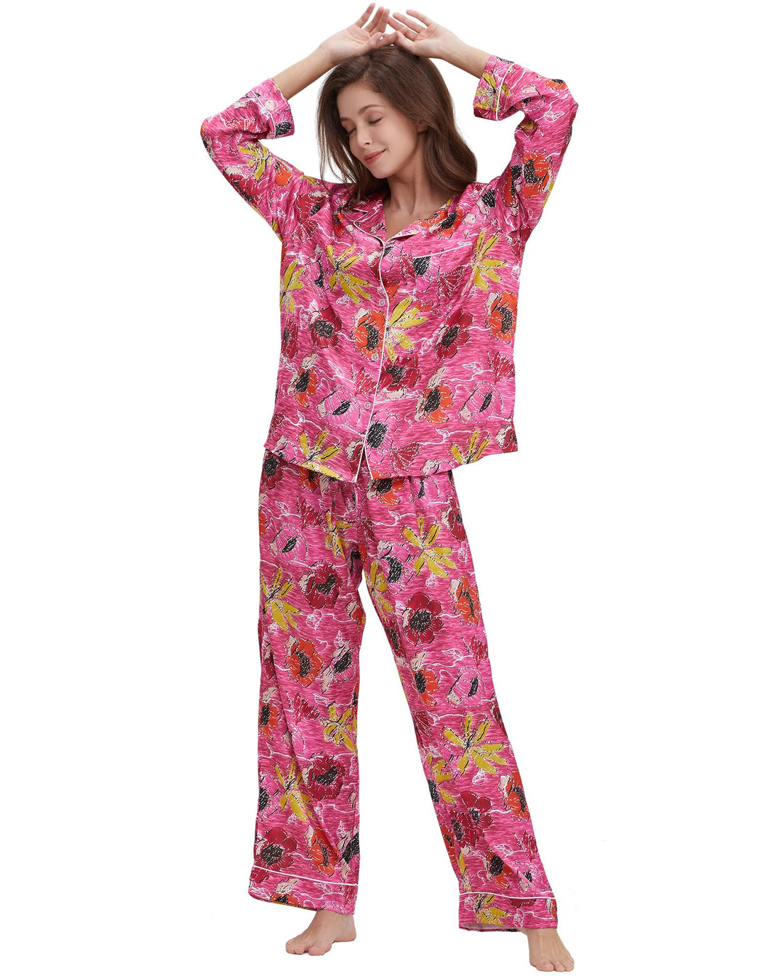 YiNi LuLu Womens Silk Satin Pajamas Set Button Down 2 Piece Pjs Long Sleeve Oversized Sleepwear with Pockets