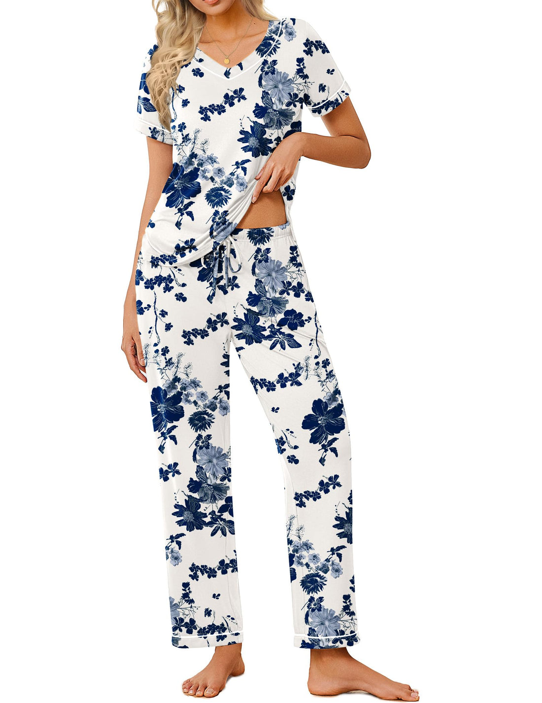 Ekouaer Pajamas for Women Set 2 Piece Lounge Set Soft Pajama Sets Short Sleeve and Pants Pj Sets Loose Sleepwear with Pockets