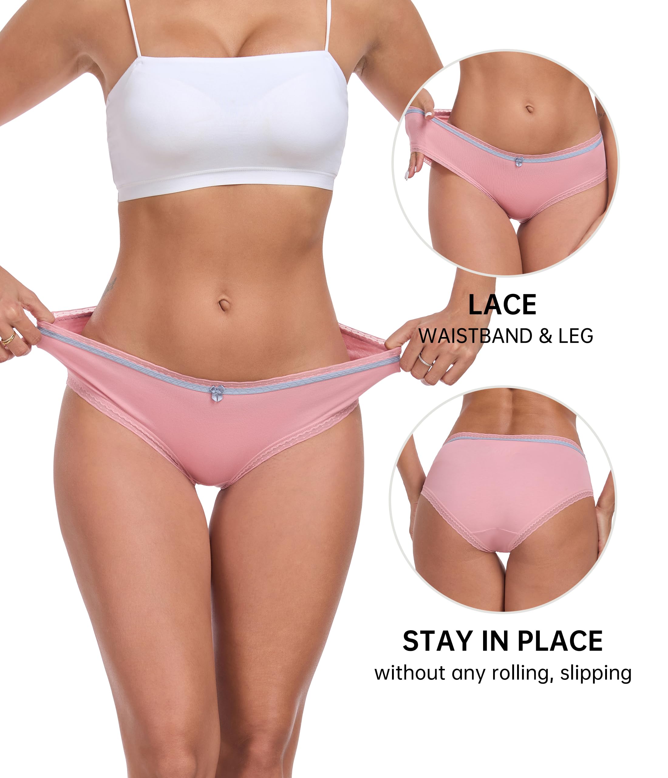 ANLIQI Cotton Underwear for Women Soft Lace Trim Hipster Panties Low Rise Bikini Undies Multipack