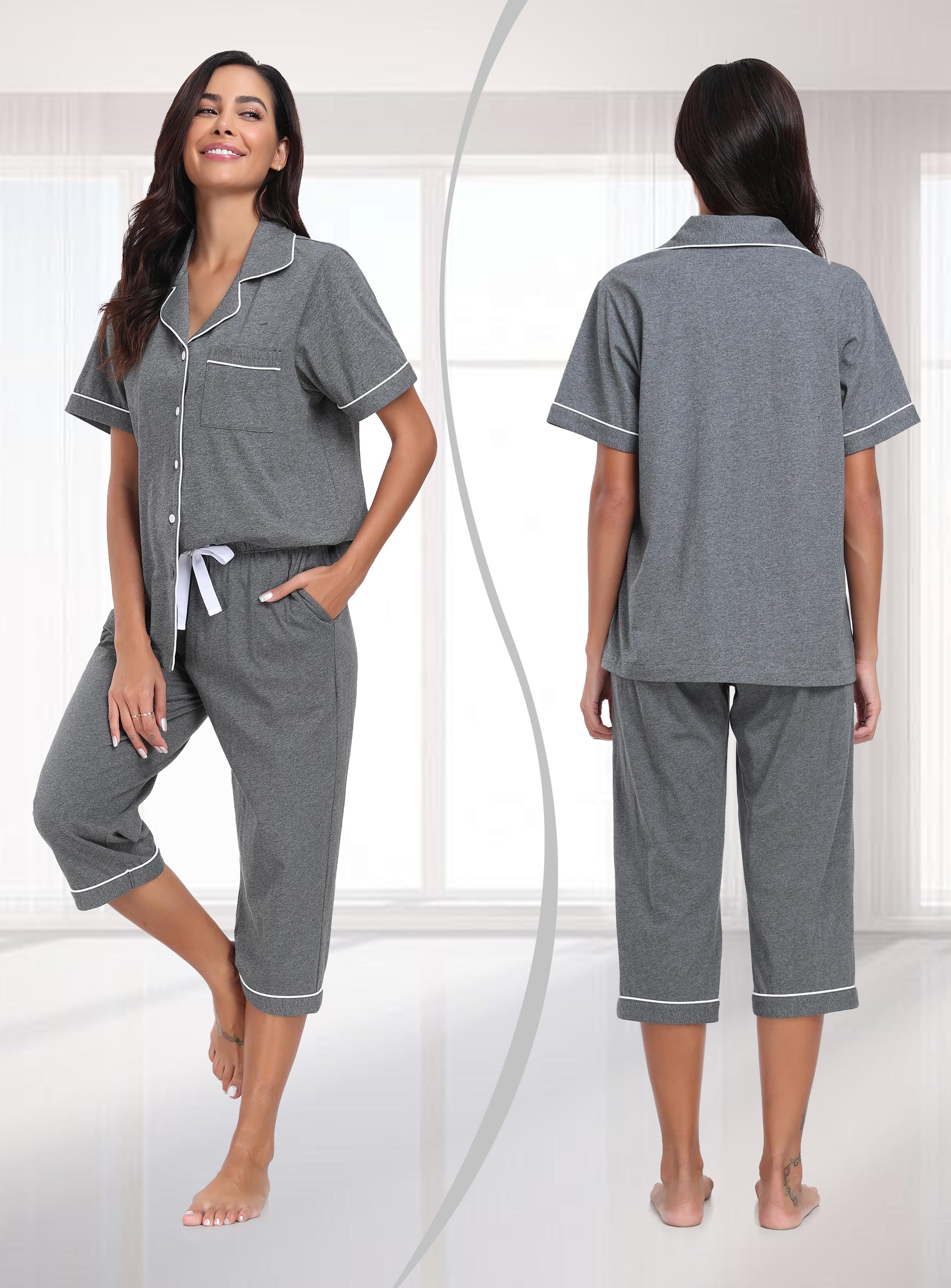 COLORFULLEAF 100% Cotton Women's Pajama Sets Short Sleeve Capri Pajamas for Women Set Button Down Pjs Soft Sleepwear Summer