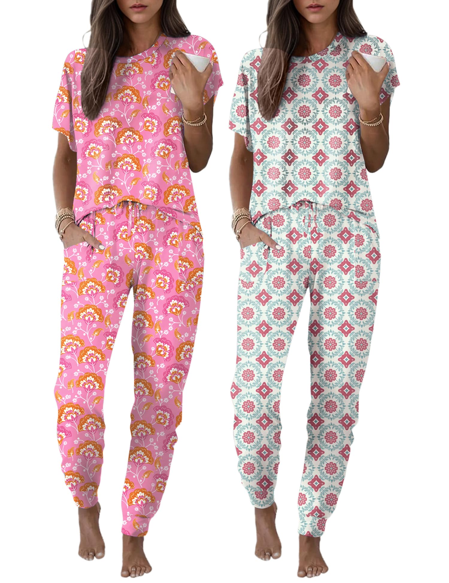 Ekouaer 2 Pack Womens Pajama Short Sleeve Jogger Pants Pjs Lounge Set