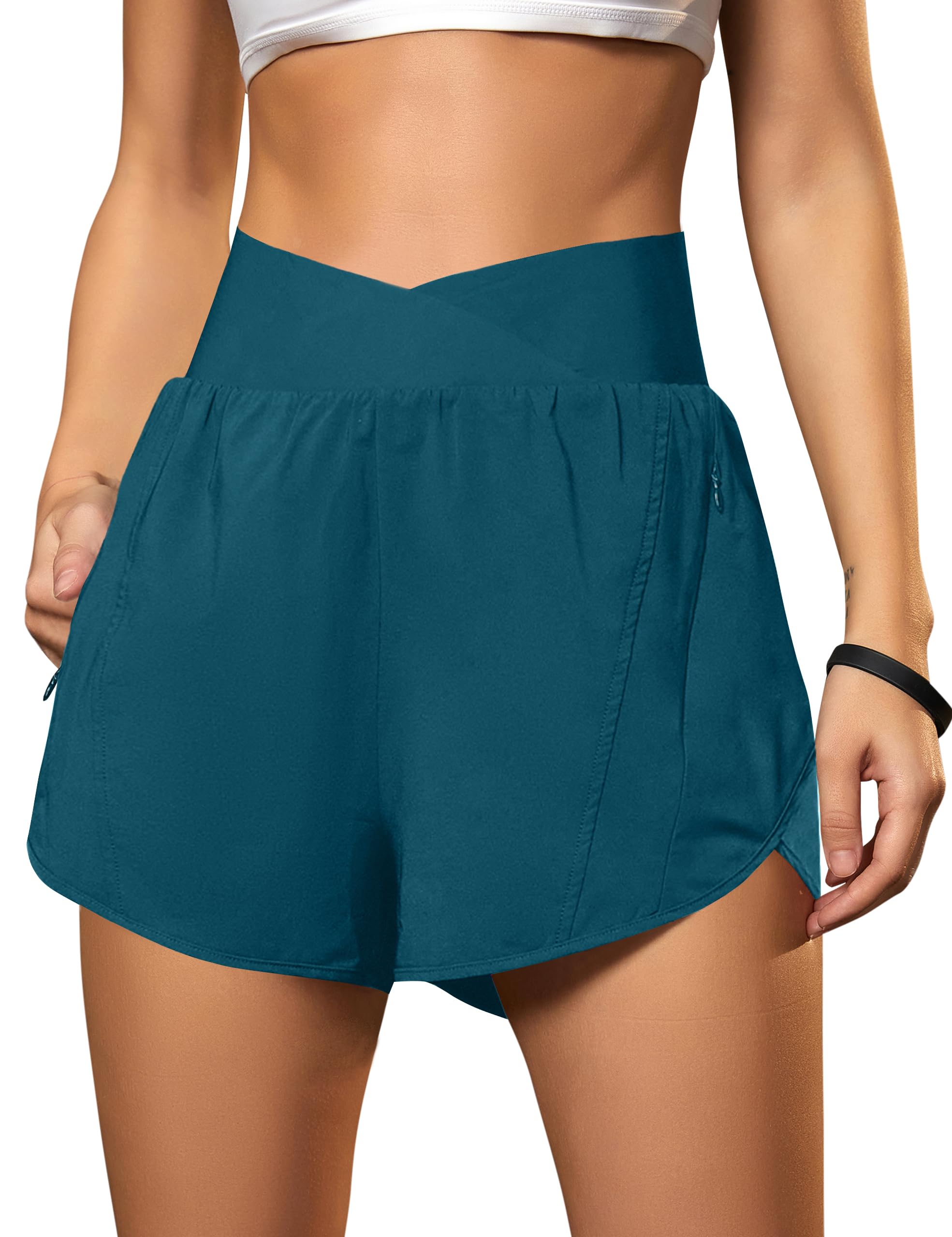 Blooming Jelly Women's Workout Shorts Athletic Running Shorts Crossover High Waisted Gym Shorts with Zipper Pockets