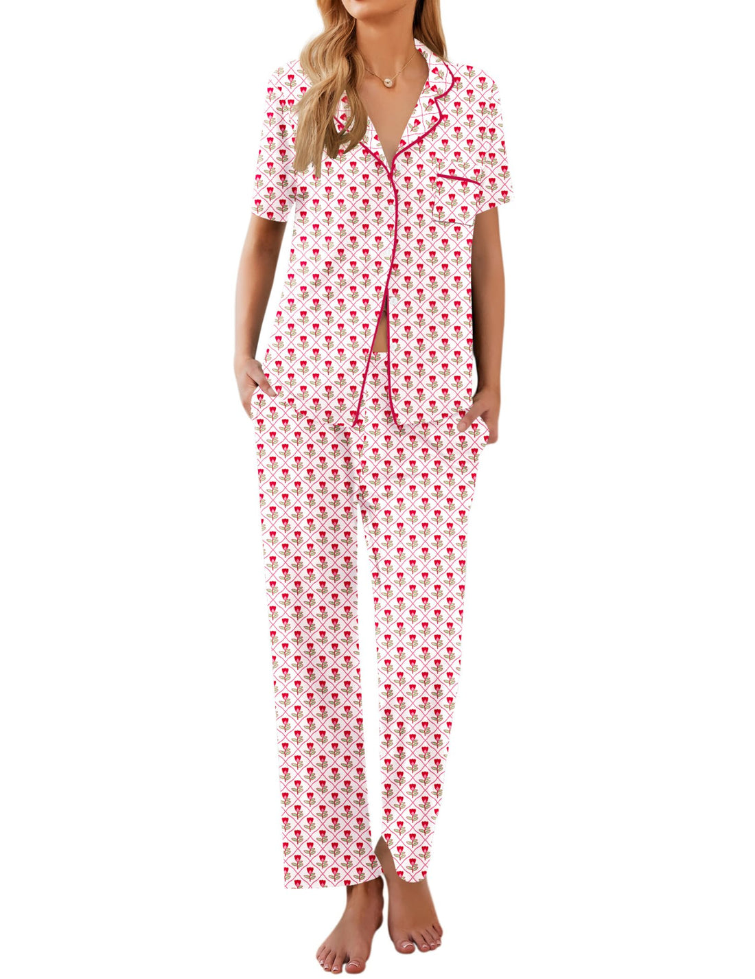 Ekouaer Womens Pajamas Set Short Sleeve Button Down Top & Pants Lounge Pjs
