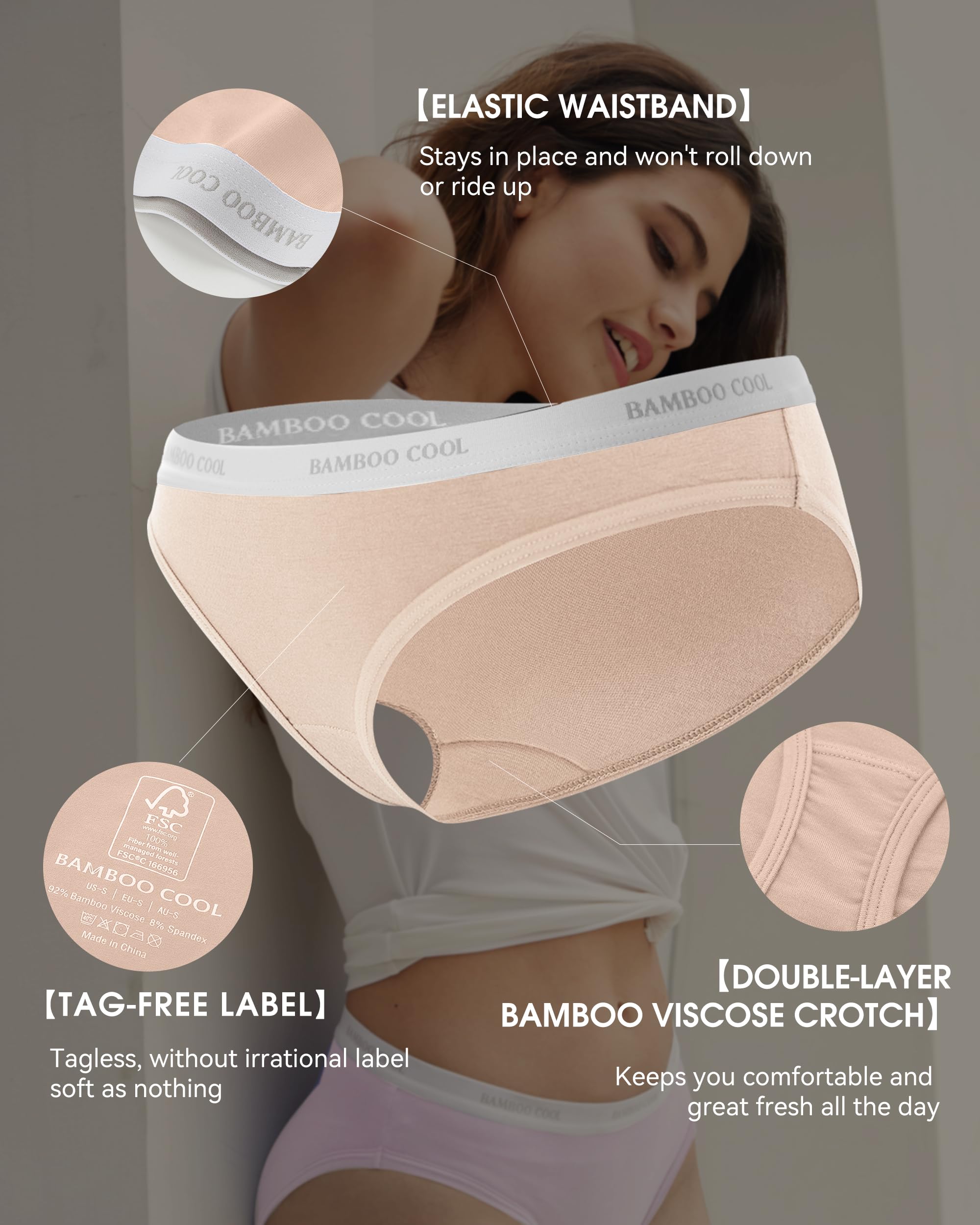 BAMBOO COOL Womens Underwear Bikini Underpants Hipster Ladies Panties Soft Stretch Breathable Panties for Women, 5-Pack