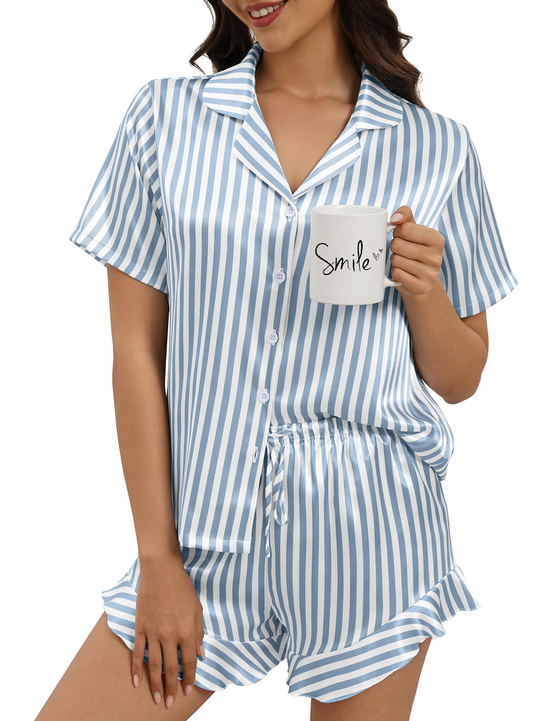 Silk Pajamas for Women Button Down 2 Piece Satin Pjs Shorts Set Ruffle Notch Collar Sleepwear Loungewear
