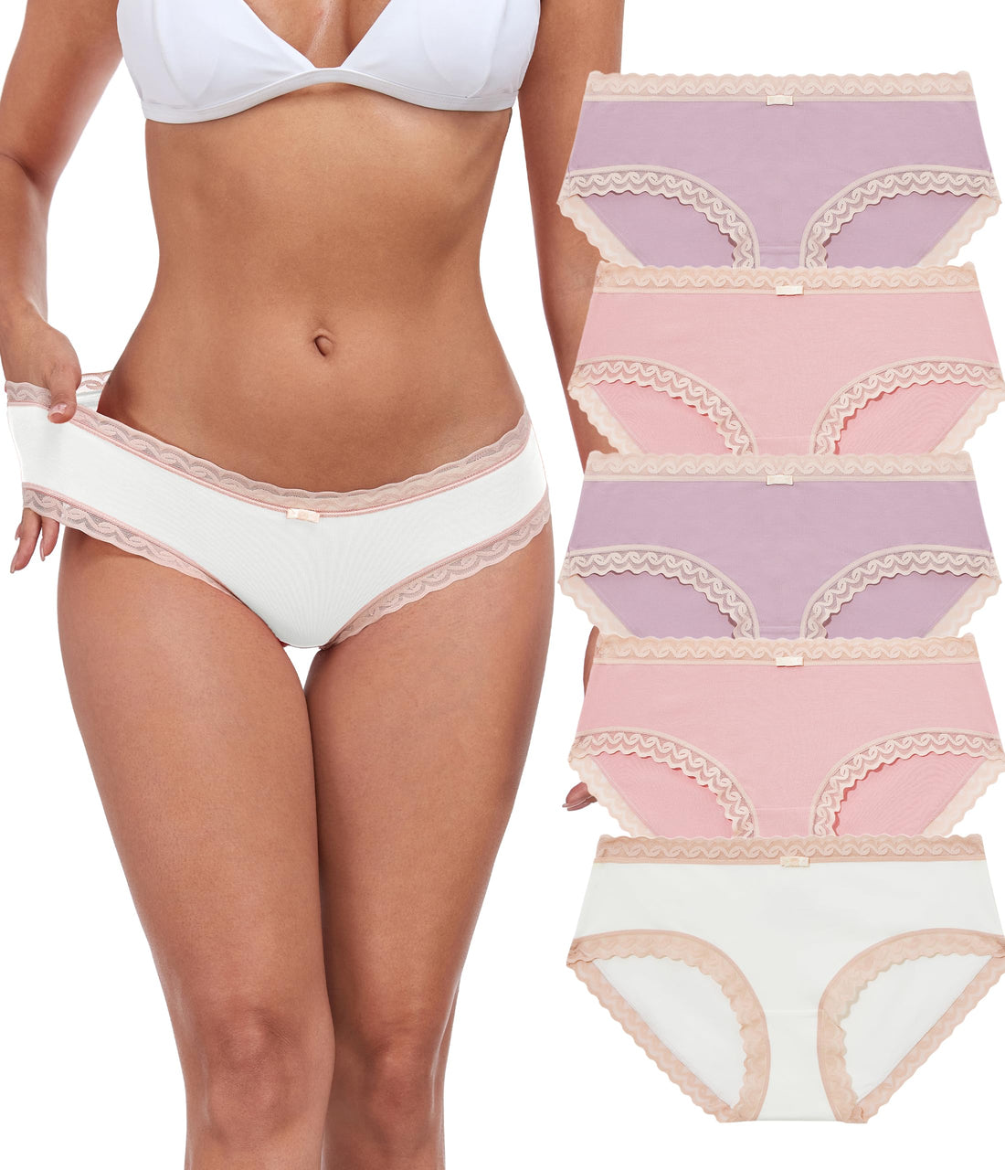 ANLIQI Cotton Underwear for Women Soft Lace Trim Hipster Panties Low Rise Bikini Undies Multipack