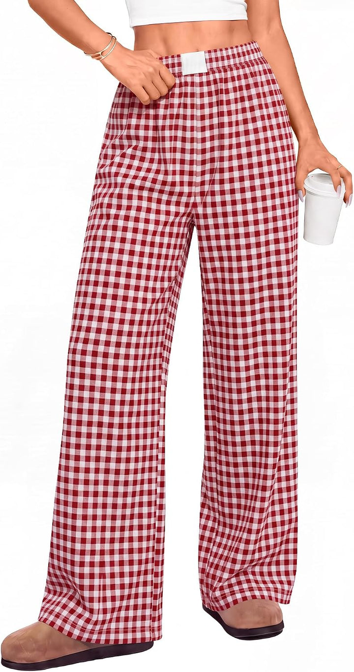 Anbech Womens Gingham Pants Pajama Bottoms Wide Leg Palazzo Cotton Pants