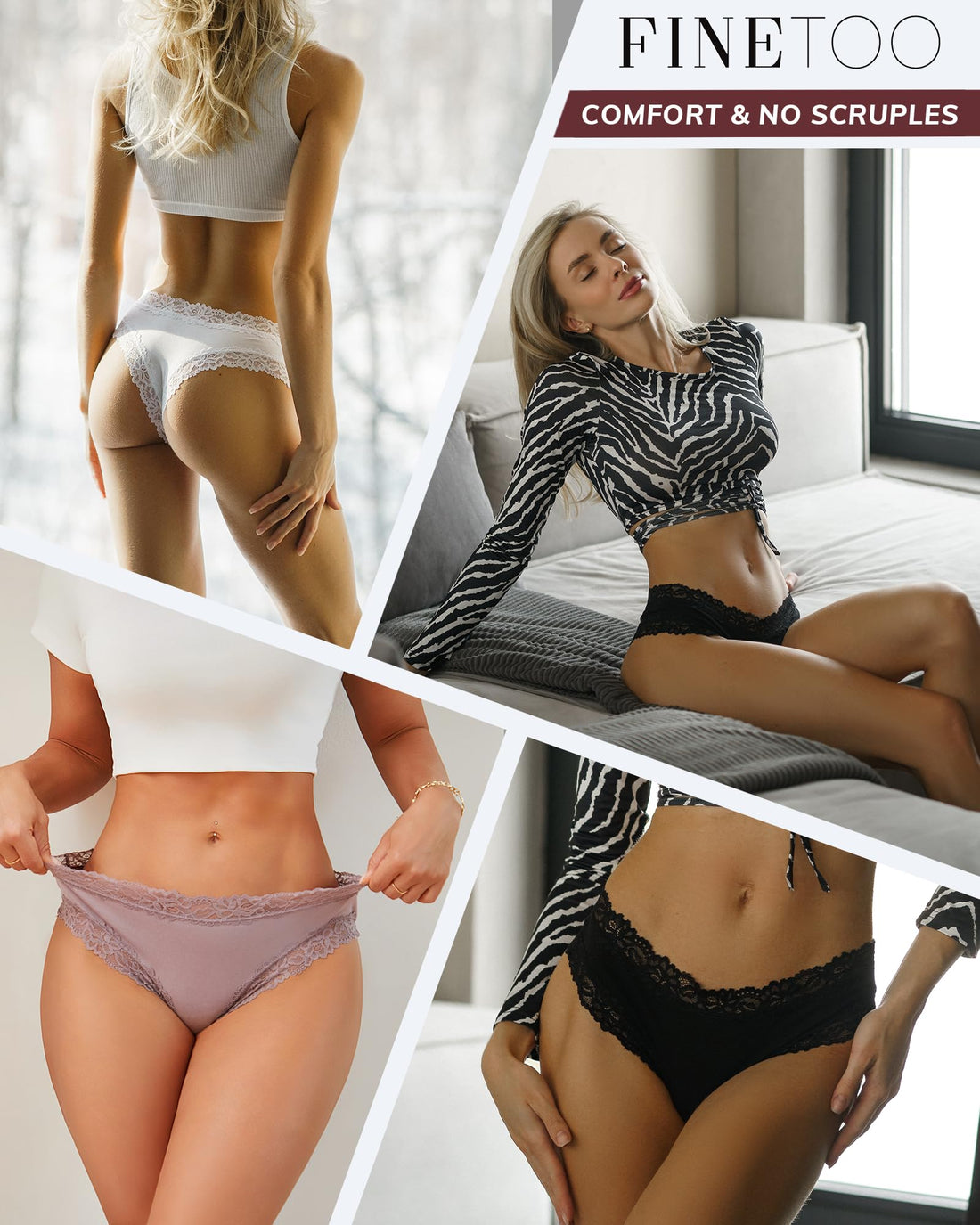 FINETOO Cotton Underwear Womens Sexy Lace Cheeky Low Rise Panties 6 Pack