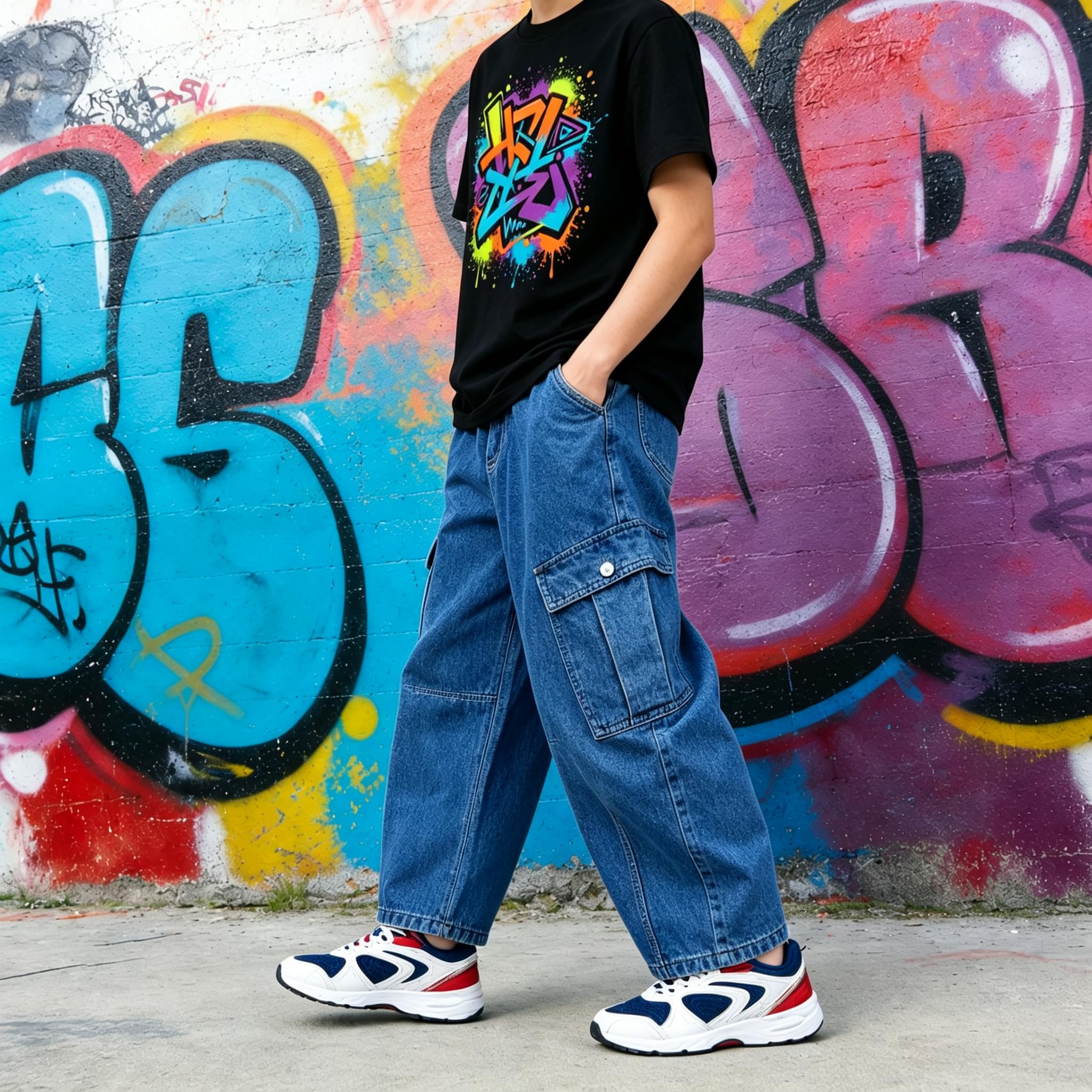 Baggy Jeans for Boys Cargo Jeans, Mid Rise Elastic Waist Multi-Pockets Denim Pants School Streetwear Size 8-12