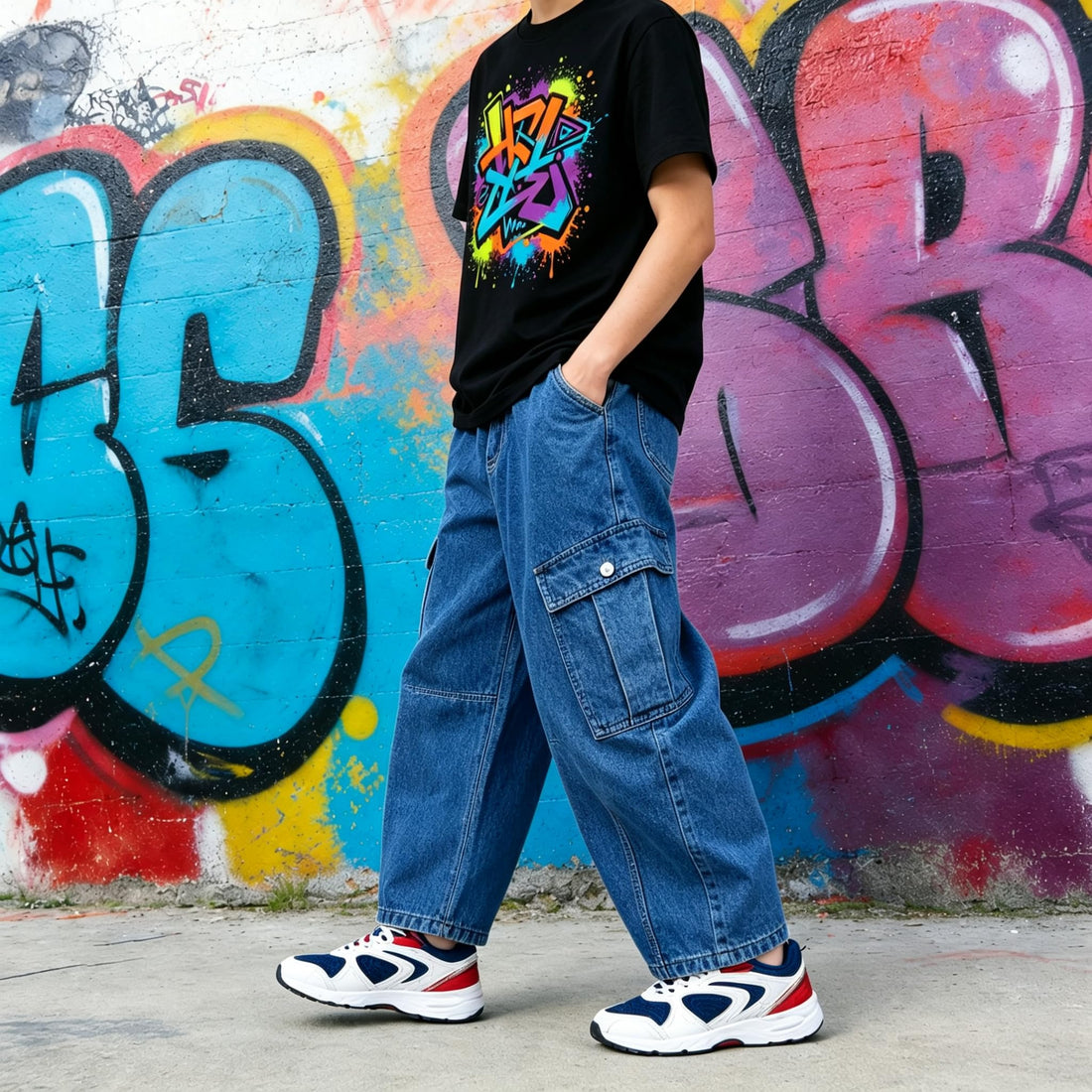 Baggy Jeans for Boys Cargo Jeans, Mid Rise Elastic Waist Multi-Pockets Denim Pants School Streetwear Size 8-12