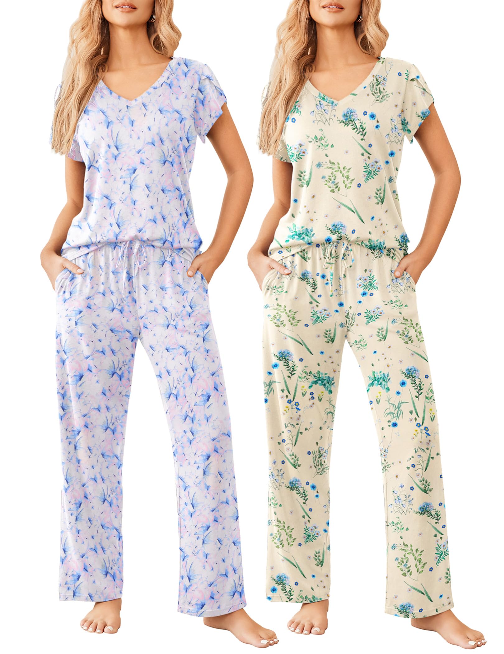 Ekouaer 2 Pack Womens Pajama Set Short Sleeve Sleepwear Soft Pjs Lounge Set