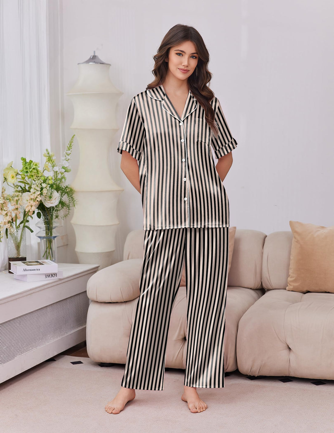Ekouaer Silk Satin Pajamas for Women Set 2 Piece Short Sleeve Button Up Pjs