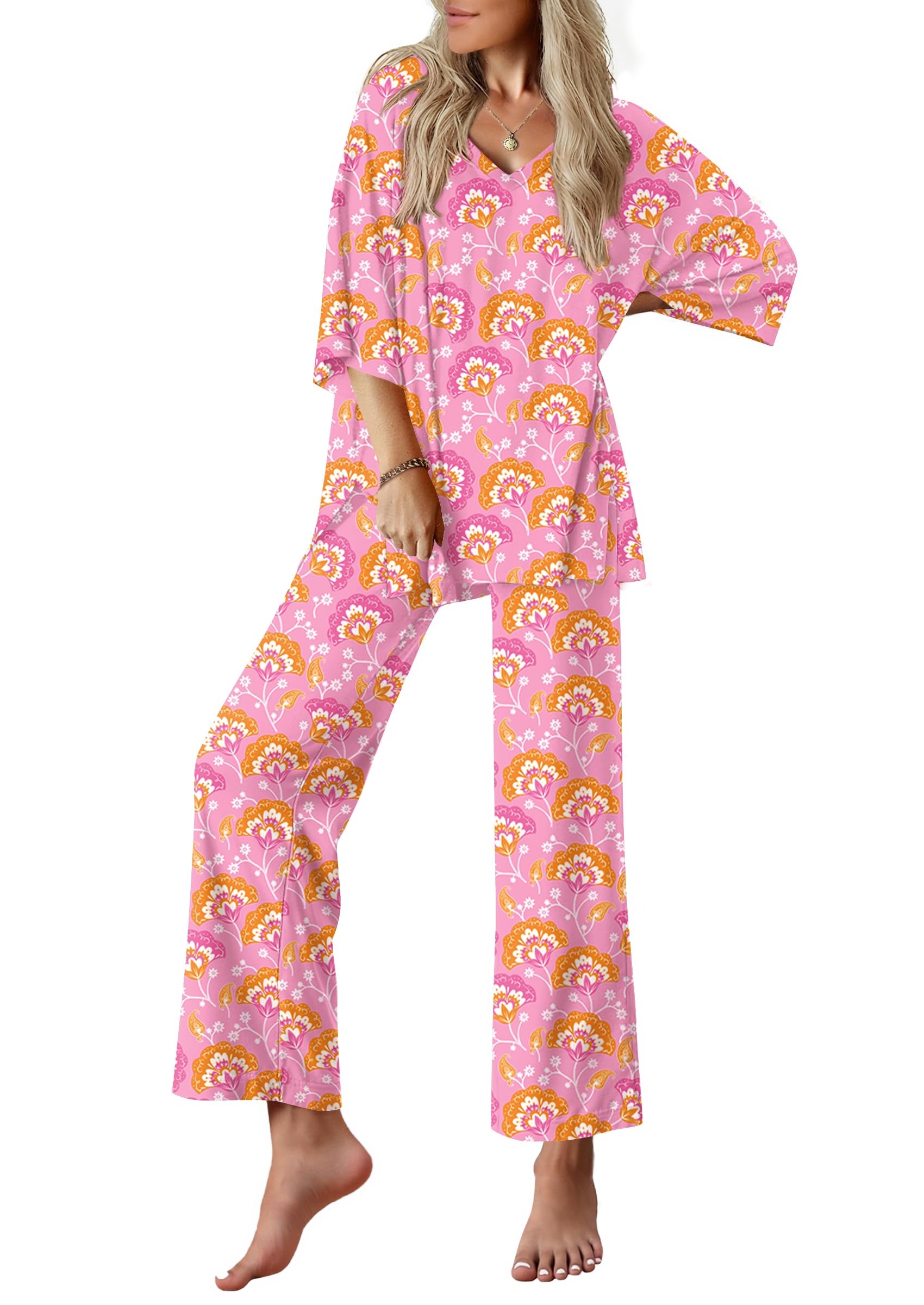 Ekouaer Lounge Sets for Women Short Sleeve Tops and Long Pants Pajamas Set