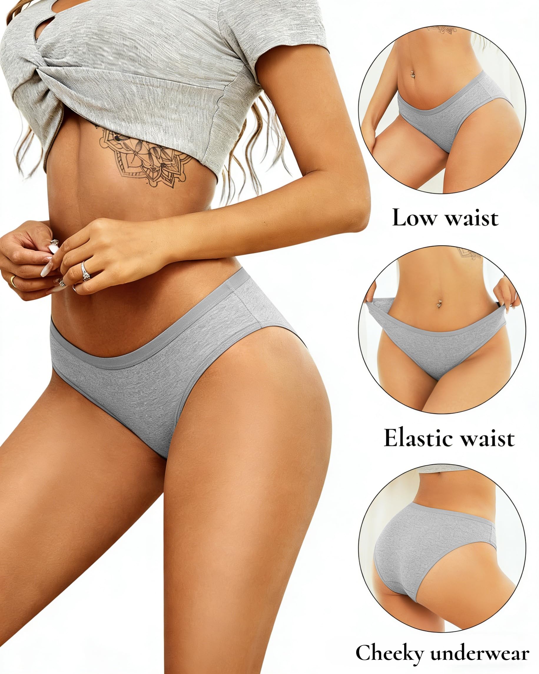 ALL OF SHE Womens Underwear Cotton Hipster Panties Breathable Sexy Cheeky Stretch Soft Ladies Bikini Underwear 6 Pack S-XXL