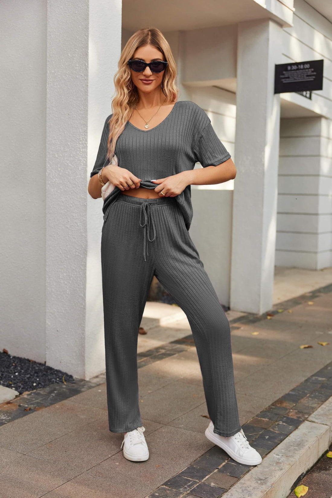 Ekouaer Womens Ribbed Knit Lounge Set Short Sleeve Top and Long Pants Sleepwear Pajama Set Two Piece Matching Outfits Set