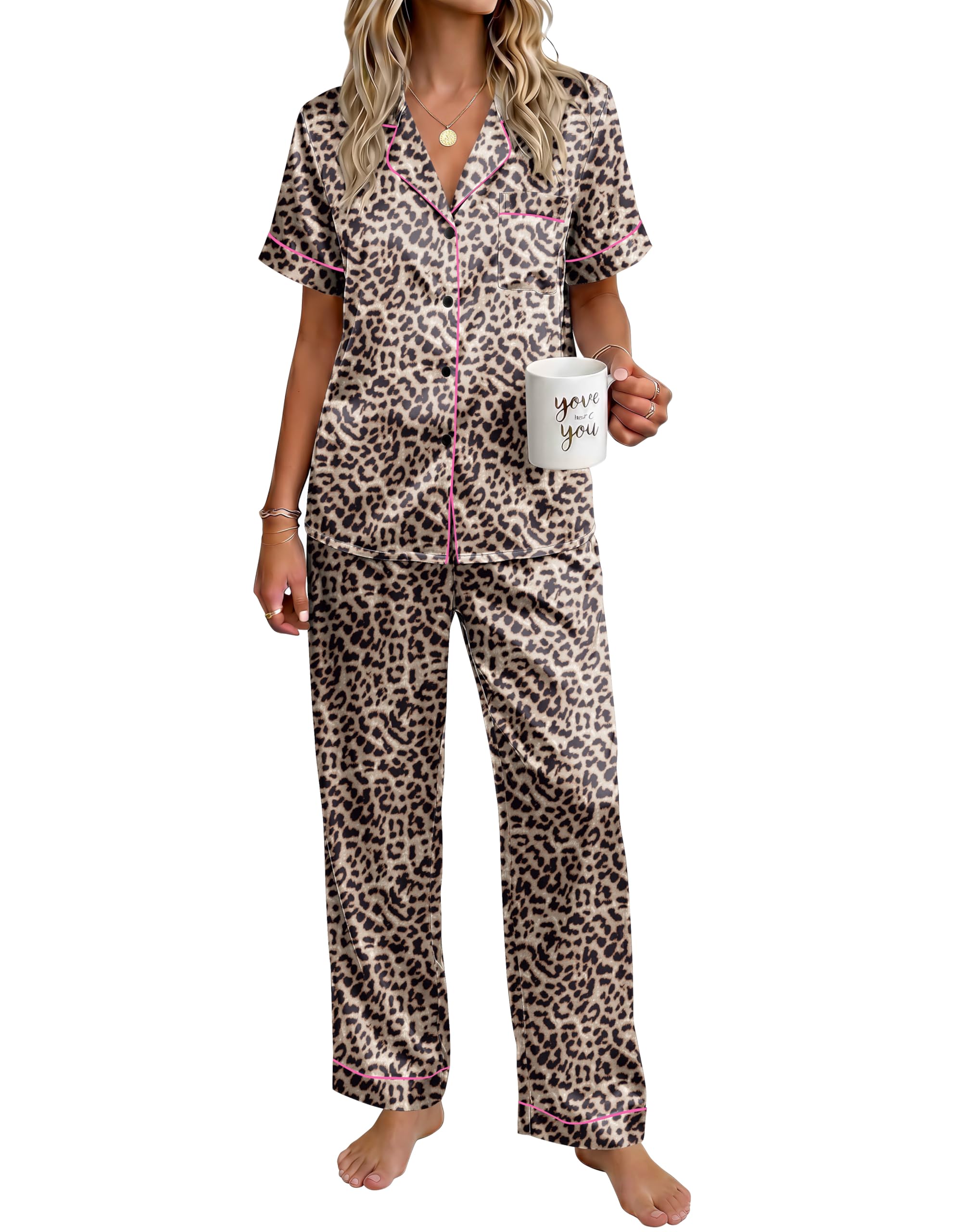 Ekouaer Womens Satin Pajama Set Silky Short Sleeve Button Down Pj Set