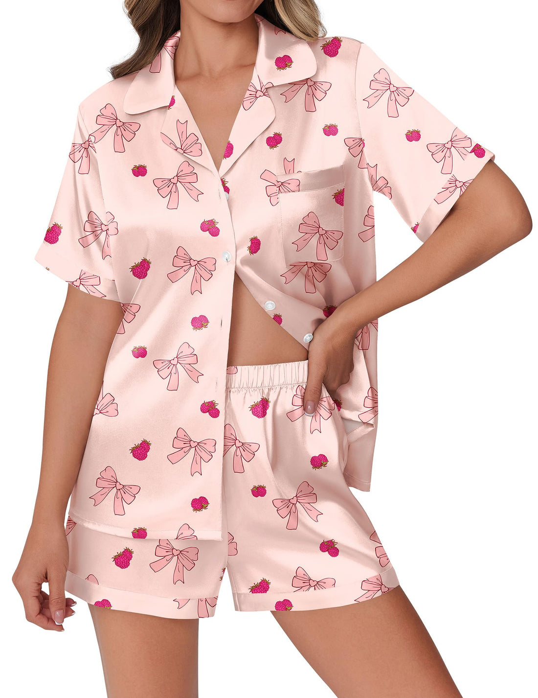 Ekouaer Womens Silky Satin Pajamas Set Short Sleeve Colorful Print Pjs