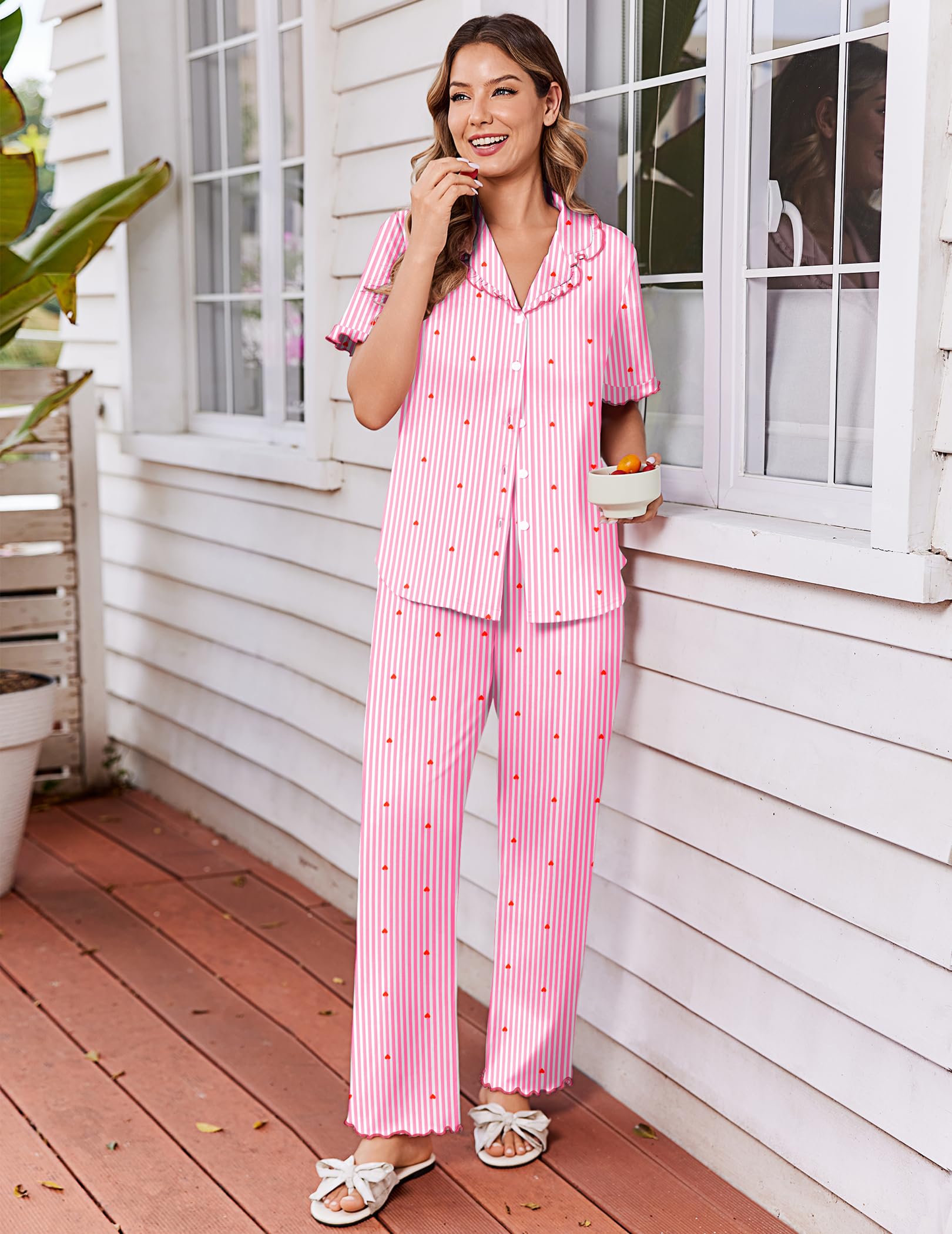 Ekouaer Womens Pajama Sets Short Sleeve Printed PJs Button Down Sleepwear