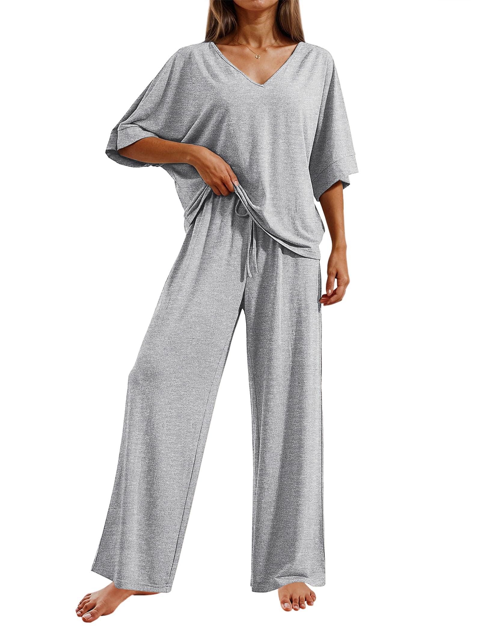 Ekouaer Pajama Sets Womens 2 Piece Short Sleeve Long Pants Pjs Lounge Set