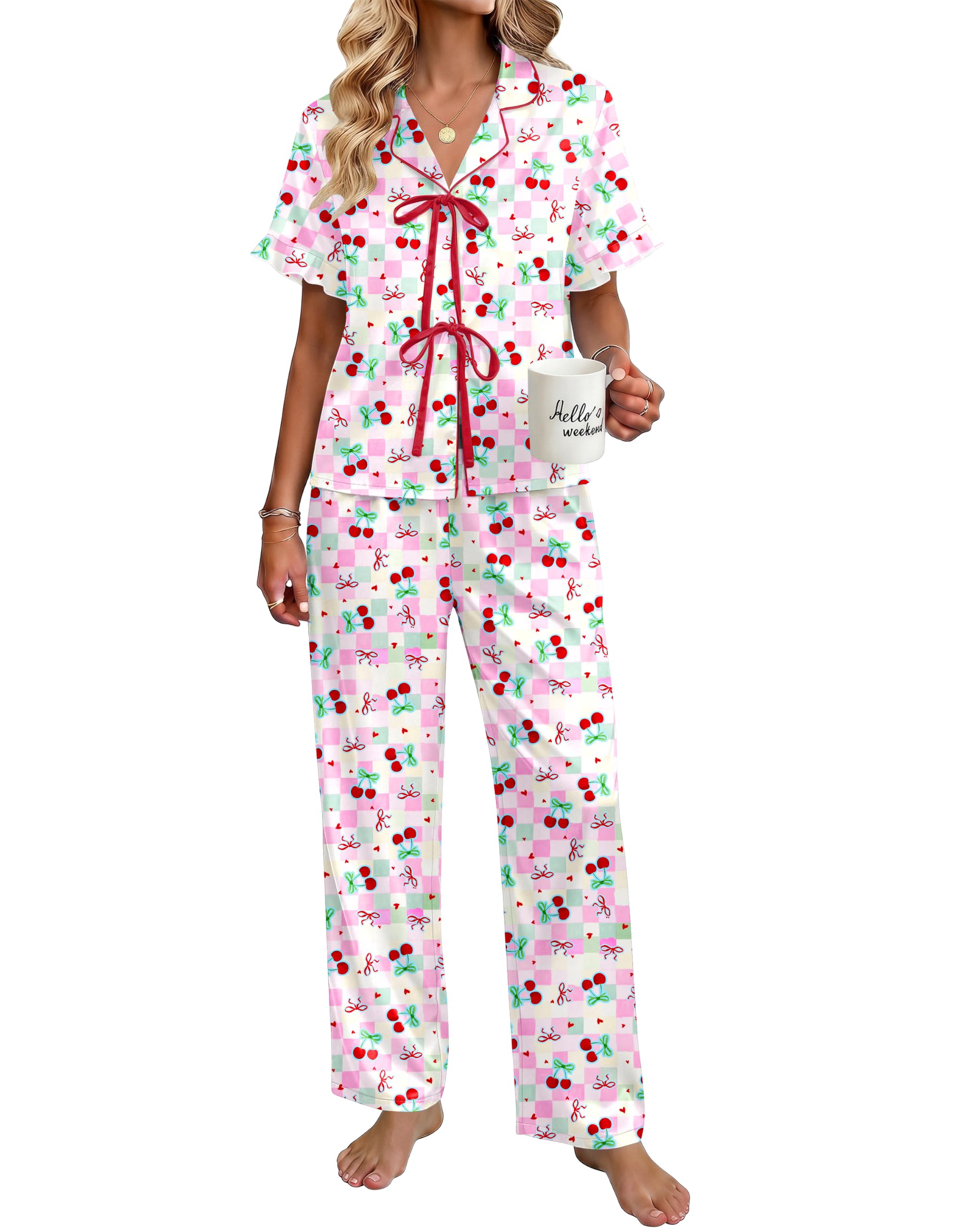 Ekouaer Womens Satin Pajama Sets Silky Tie Front Ruffle Pjs Sets Sleepwear