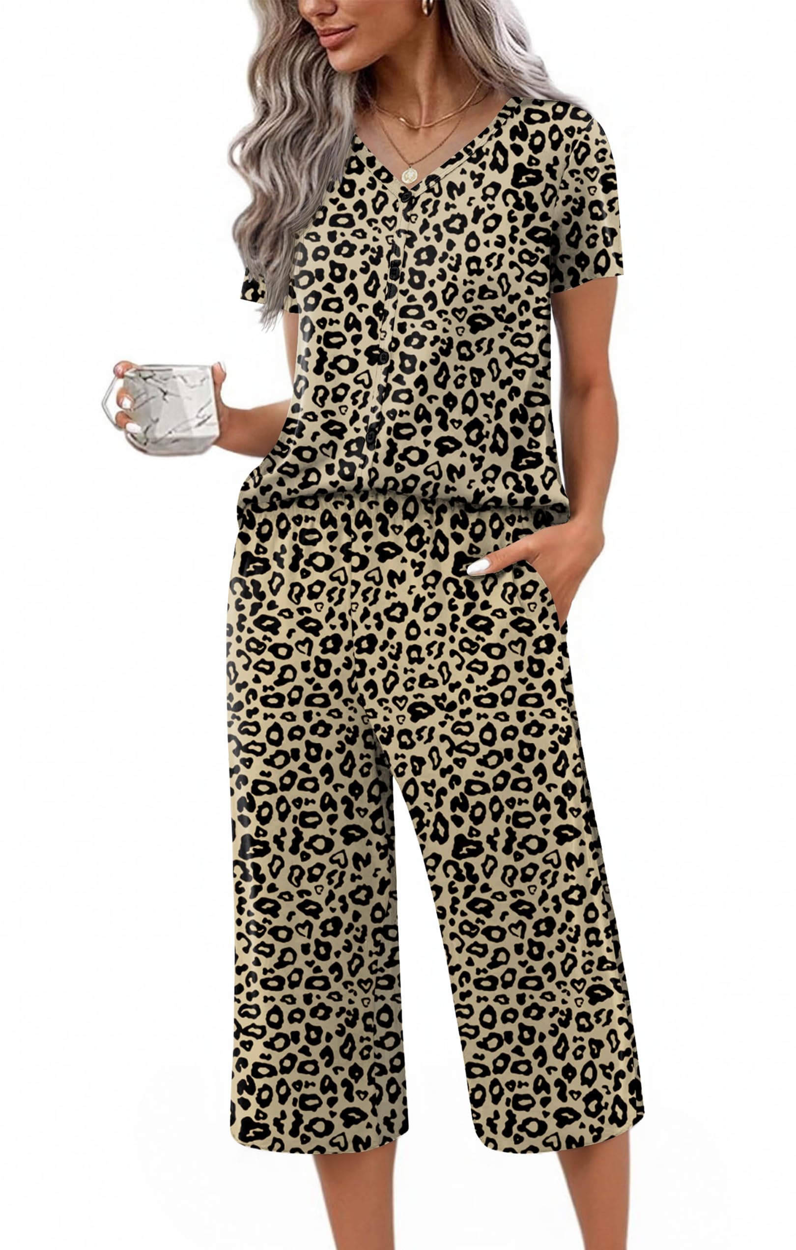 Ekouaer Women's Pajama Sets Short Sleeve Sleepwear Button Up Pj Loungewear Top and Capri Pants with Pockets