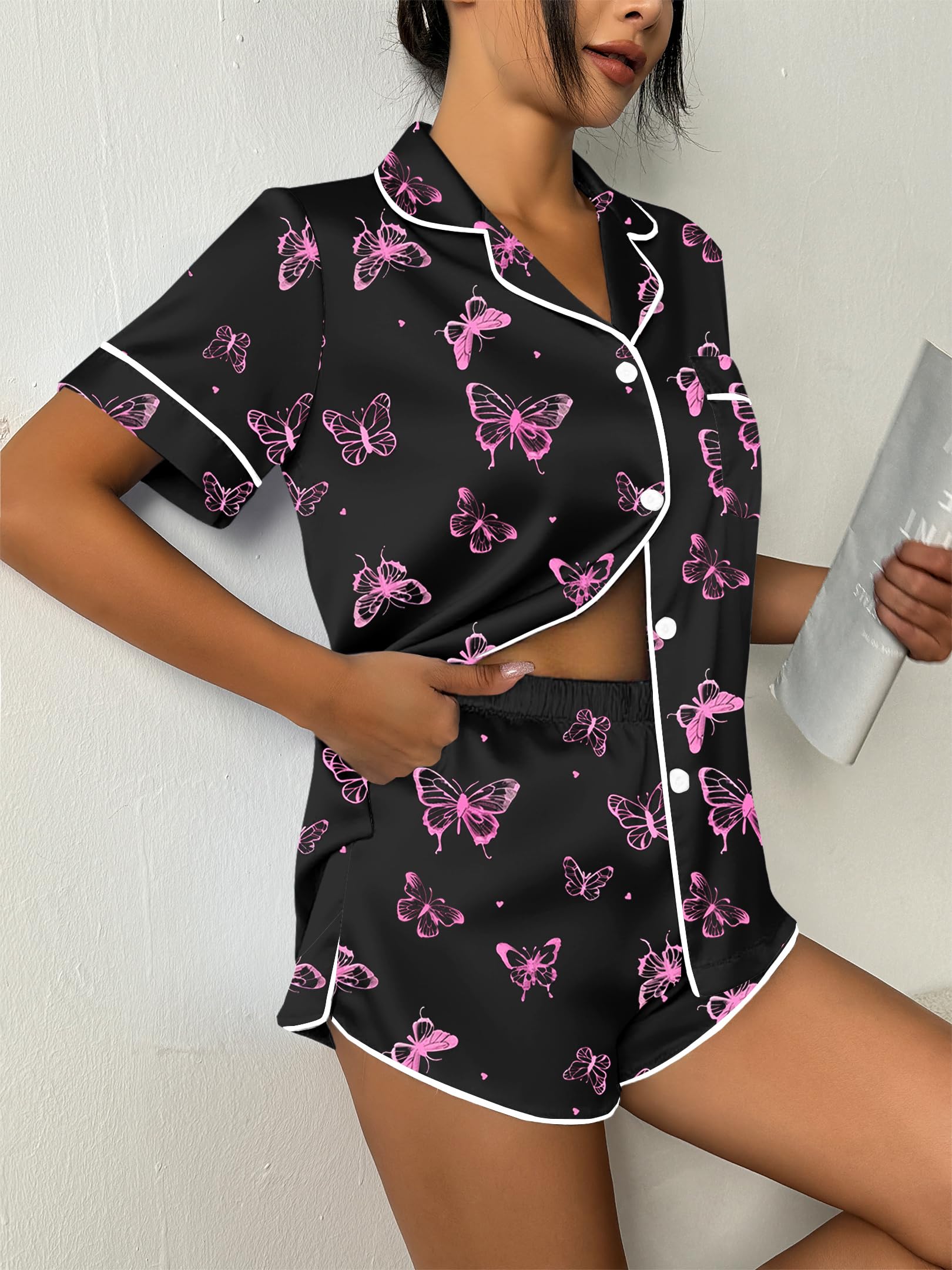 Ekouaer Womens Silk Satin Pajama Set Print Short Sleeve Sleepwear Button Down Pjs Shorts Set Loungewear