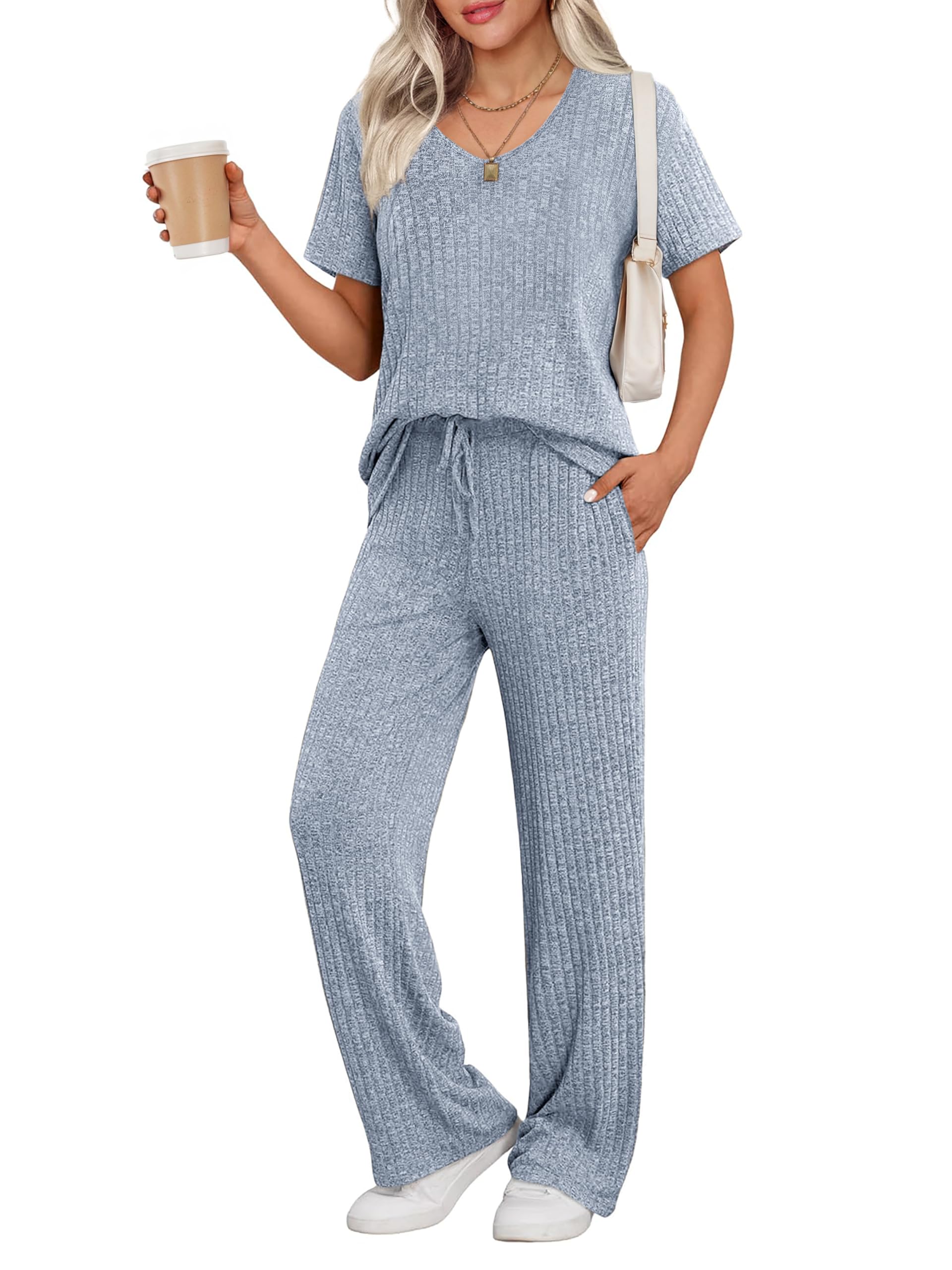 Ekouaer Womens Ribbed Knit Lounge Set Short Sleeve Top and Long Pants Sleepwear Pajama Set Two Piece Matching Outfits Set