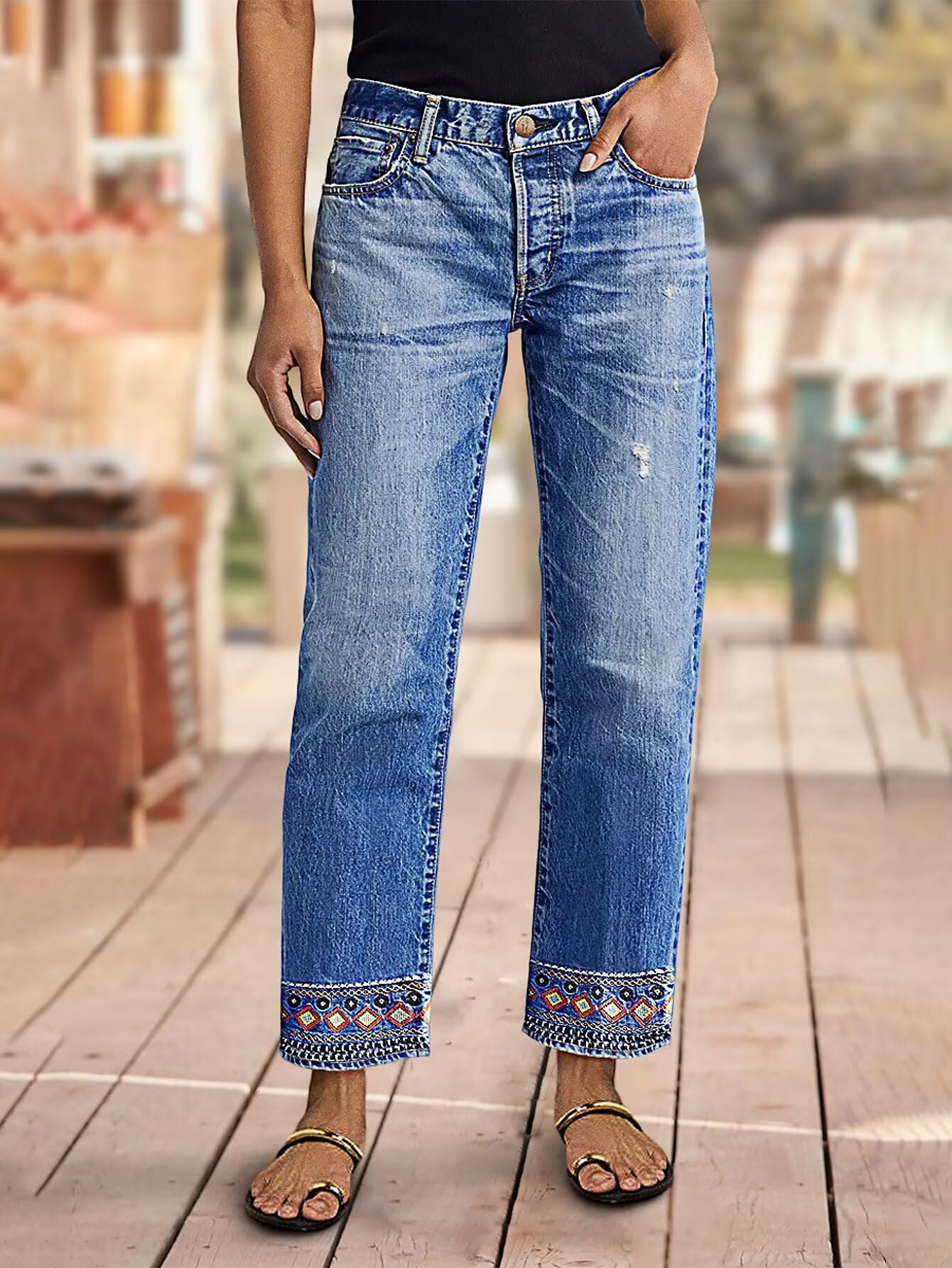 Flamingals Straight Leg Cropped Jeans for Women Trendy Mid Rise Stretchy Tribal Embroidery Raw Hem Ankle Jeans
