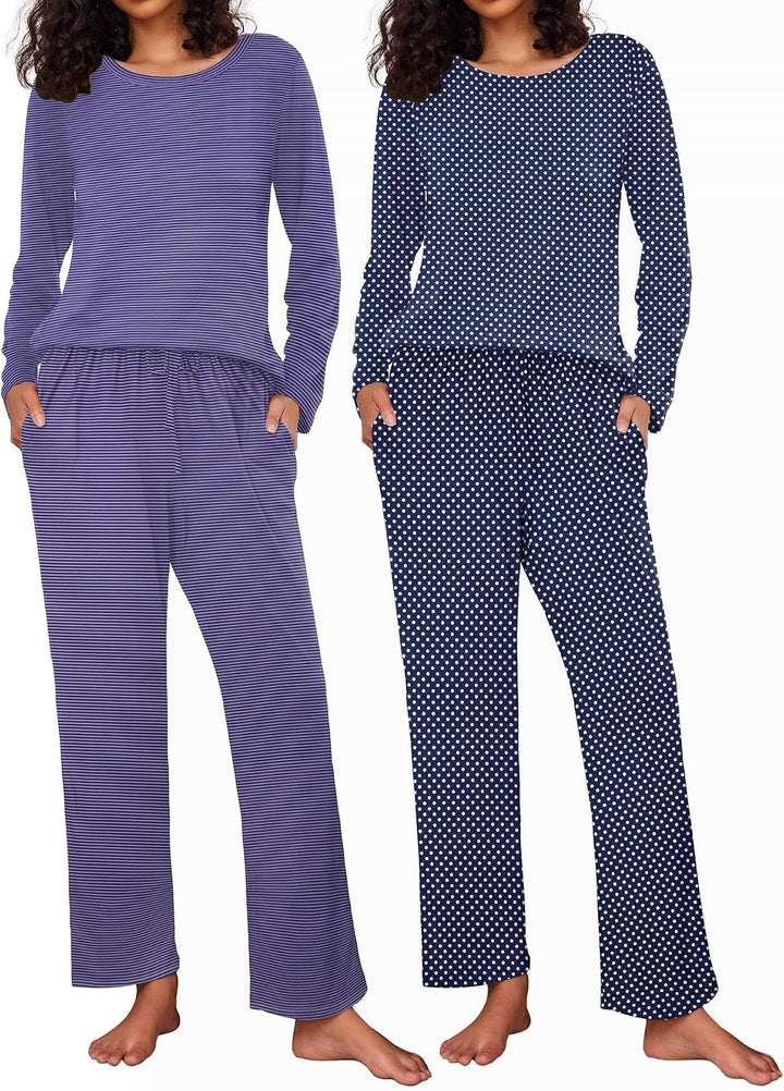 Ekouaer Women's 2 Pack Pajama Sets Long Sleeve Lounge Set Soft Comfy Pjs