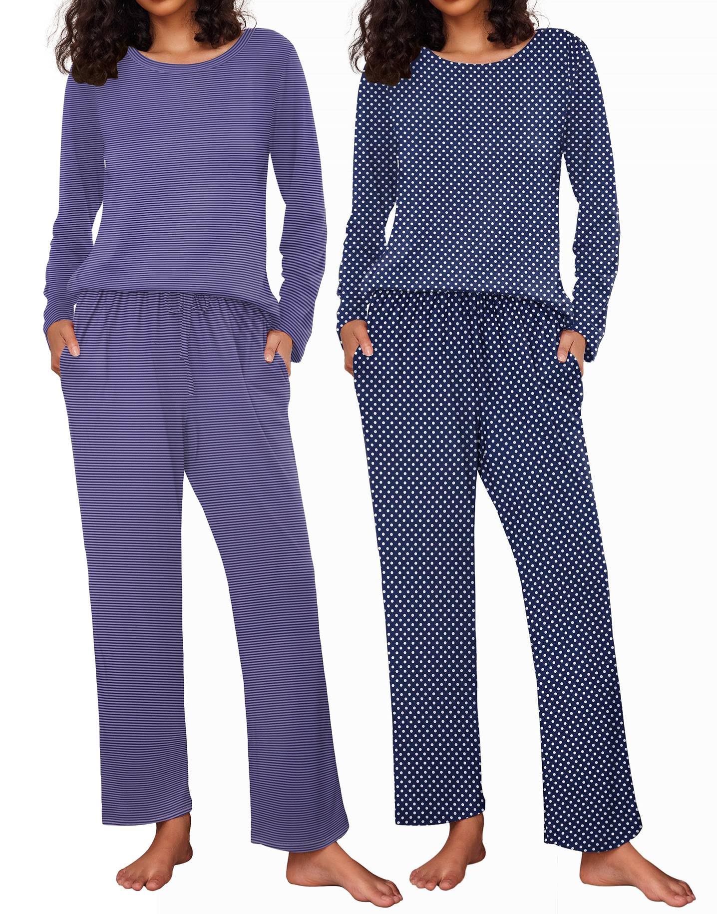 Ekouaer Women's 2 Pack Pajama Sets Long Sleeve Lounge Set Soft Comfy Pjs