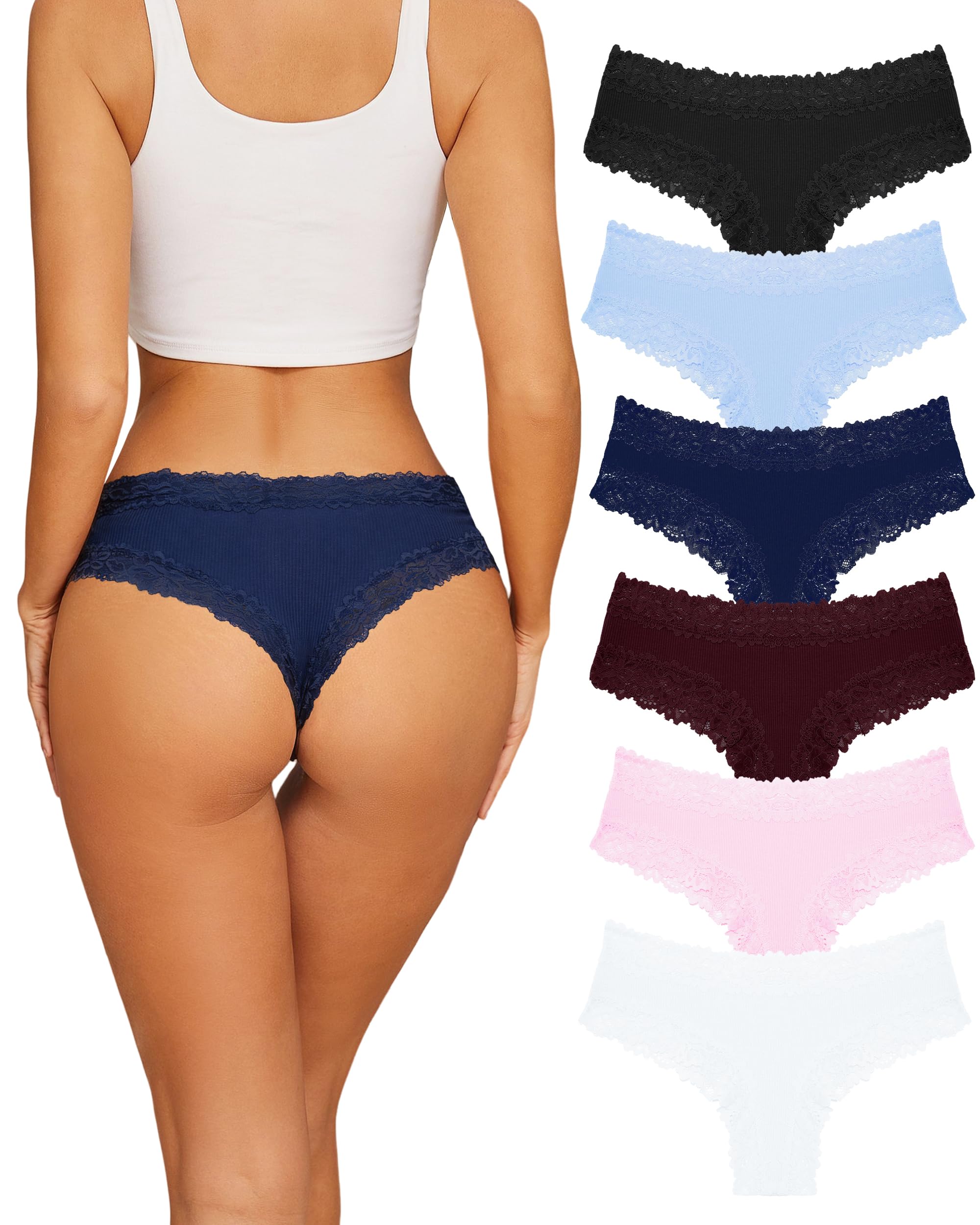 Sth Big Womens Cotton Underwear Sexy Lace Brazilian Panties Soft Breathable Cotton Bikini for Ladies 6 Pack