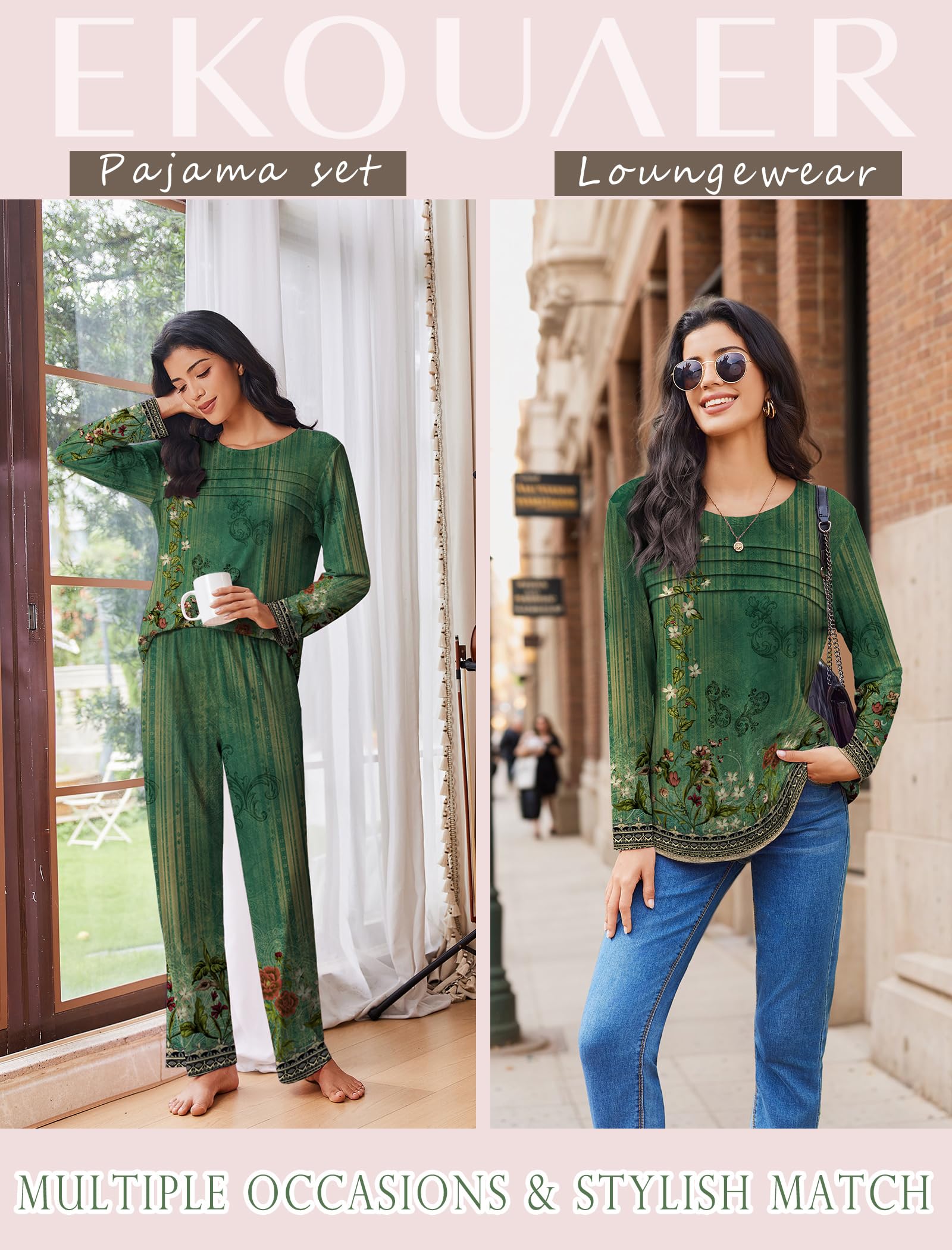Ekouaer Womens Pajama Sets Pleated Tops with Long Sleeve Fall Lounge Set