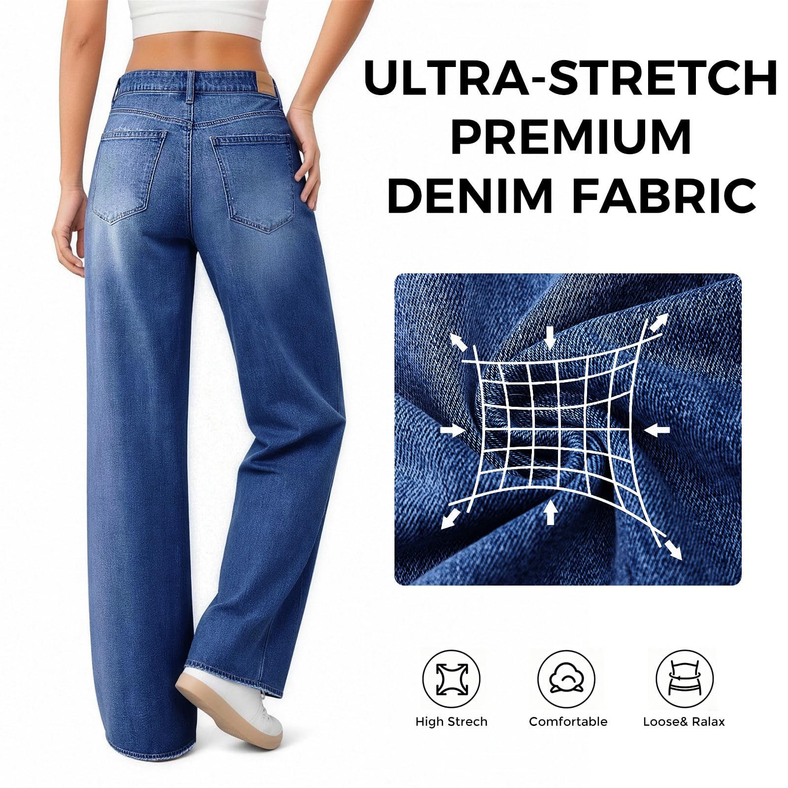Women's Wide Leg Jeans High Waisted Baggy Straight Leg Loose Stretchy Casual Denim Pants