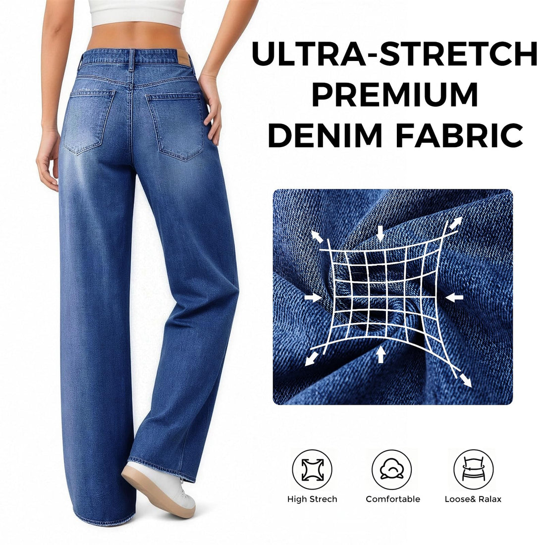 Women's Wide Leg Jeans High Waisted Baggy Straight Leg Loose Stretchy Casual Denim Pants