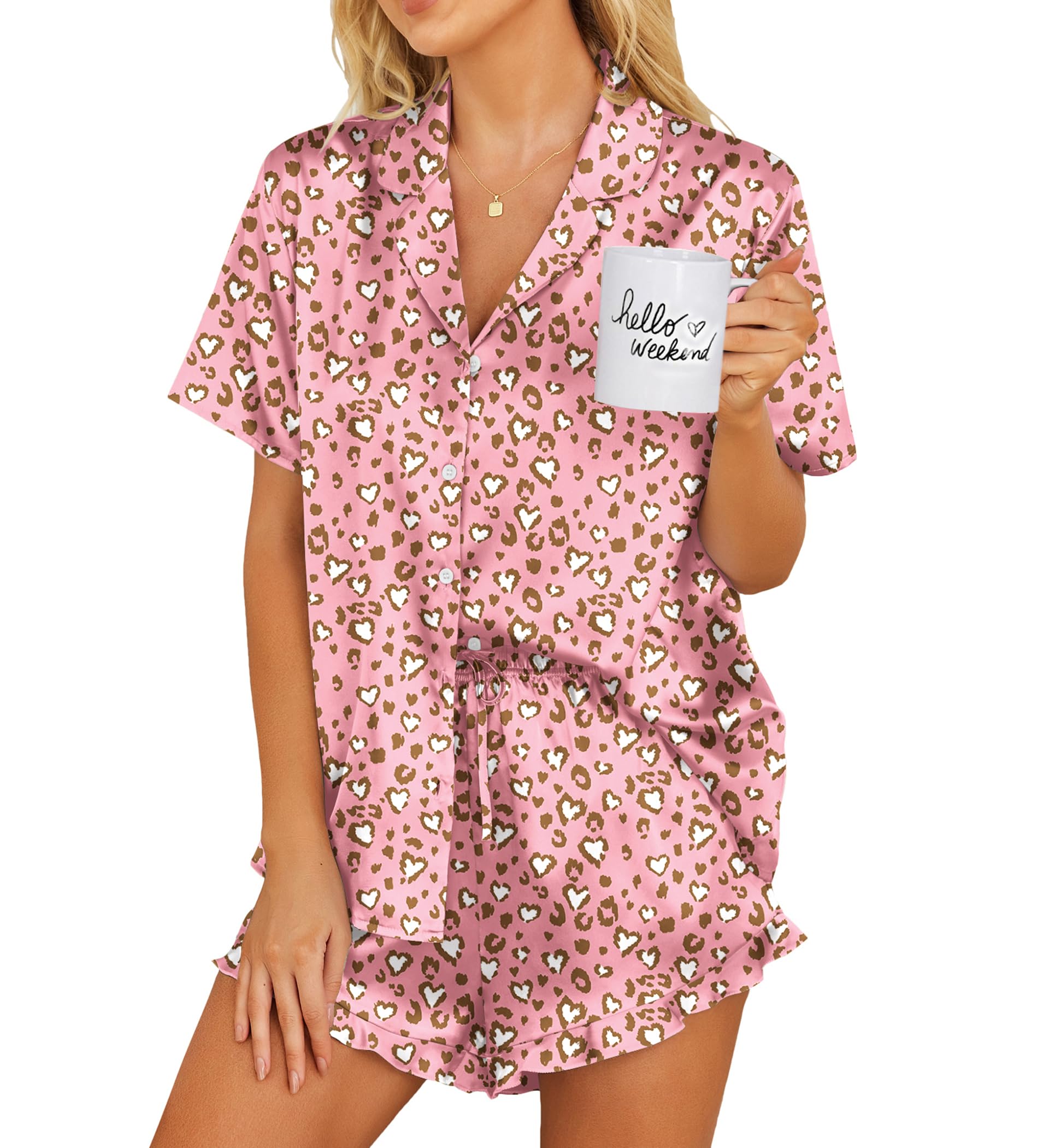 Ekouaer Womens Satin Pajamas Set Button Down Silk Pj Shorts Set with Ruffle