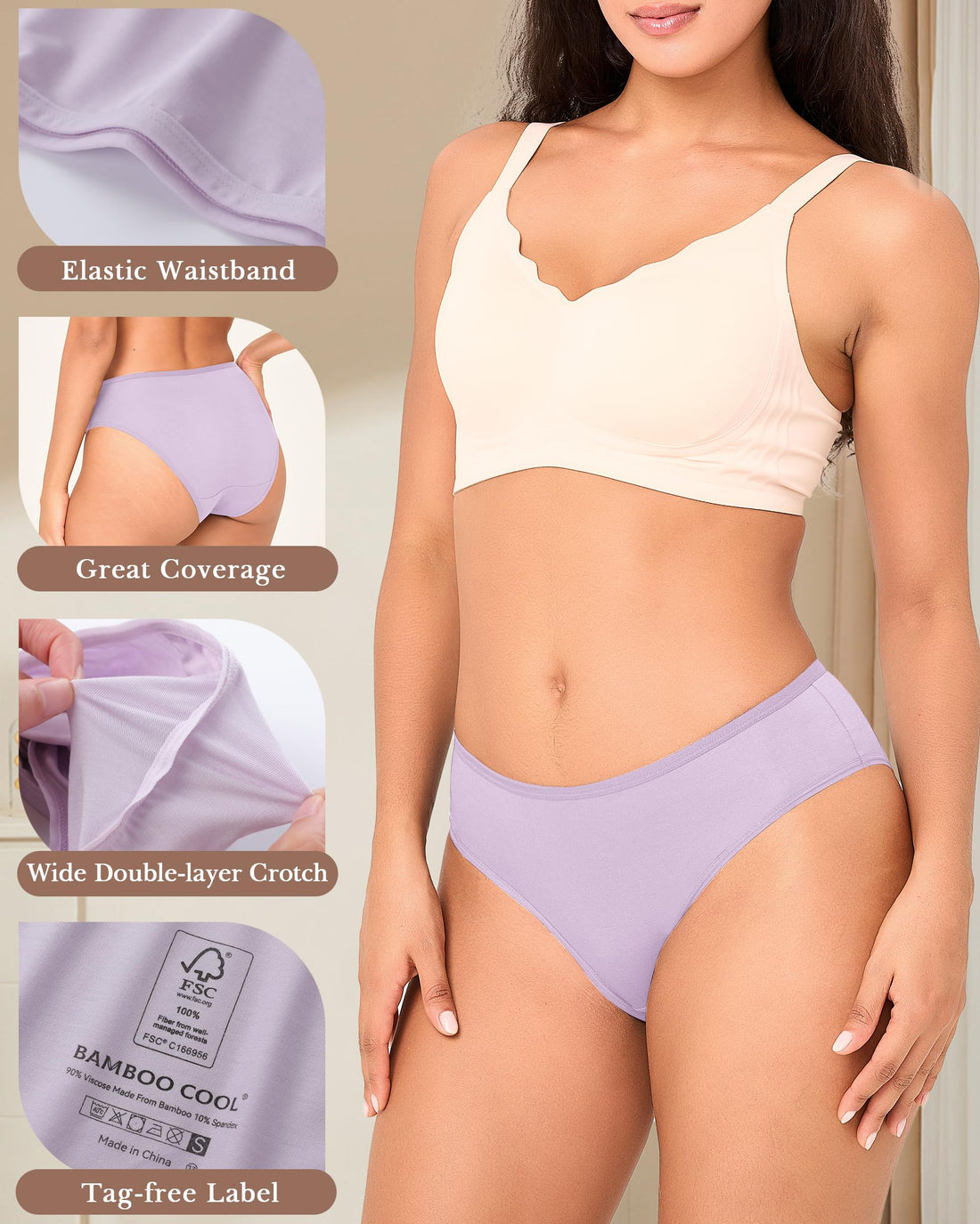 BAMBOO COOL Women's Underwear Briefs for Women Lightweight Ladies Panties Moisture-Wicking Stretchy Soft Breathable 5-pack