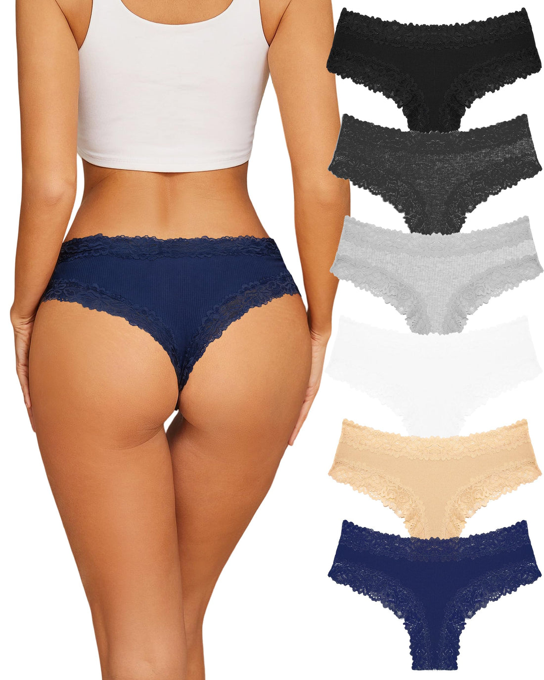 Sth Big Womens Cotton Underwear Sexy Lace Brazilian Panties Soft Breathable Cotton Bikini for Ladies 6 Pack
