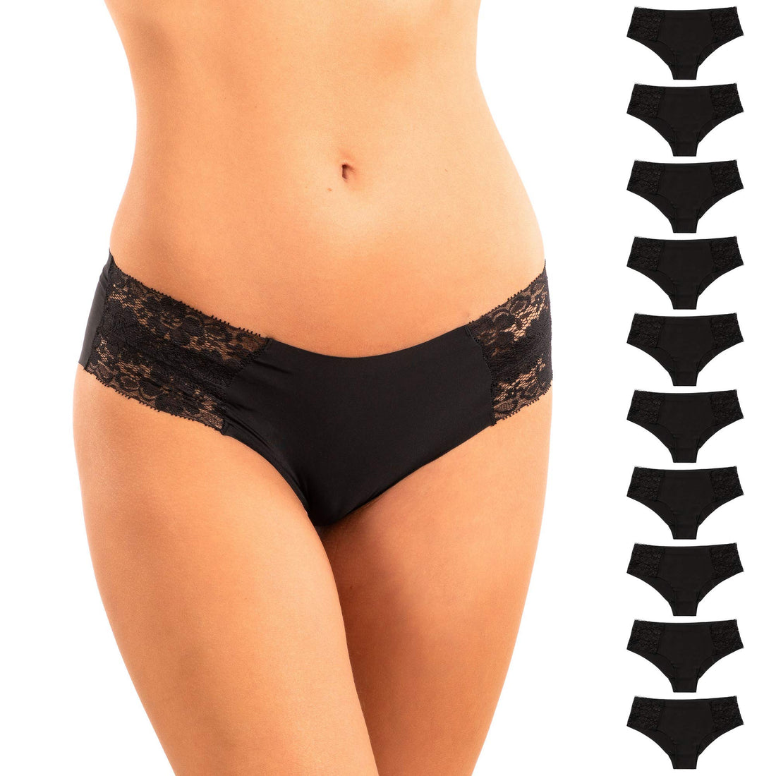 Pretty Sweet Intimates Women’s Seamless Cheeky Bikini Underwear, Pack of 10- Laser Cut, No Show Cheeky Panties with Lace