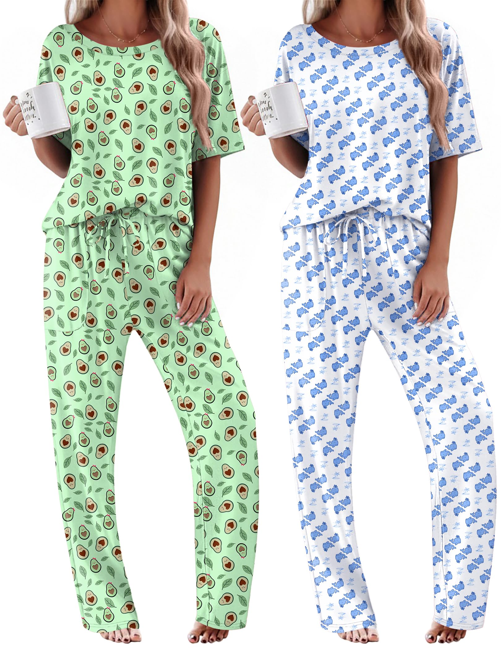 Ekouaer 2 Pack Womens Pajamas Sets Short Sleeve Long Pants Pjs Lounge Set