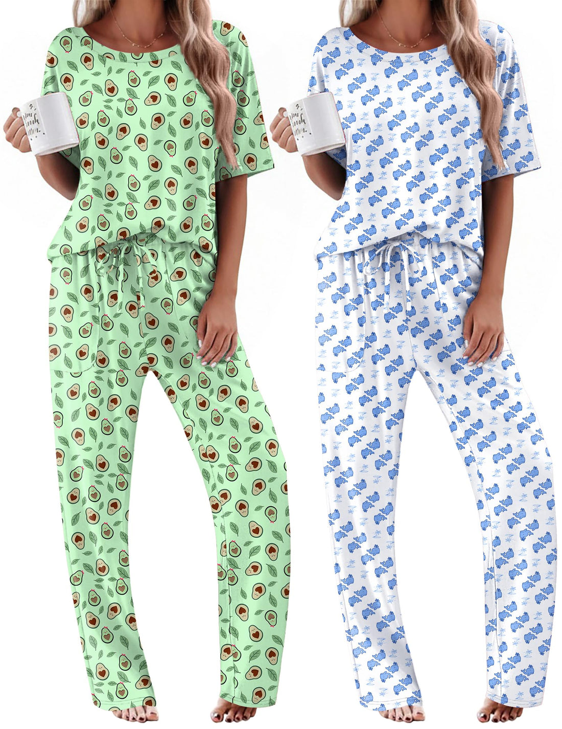 Ekouaer 2 Pack Womens Pajamas Sets Short Sleeve Long Pants Pjs Lounge Set