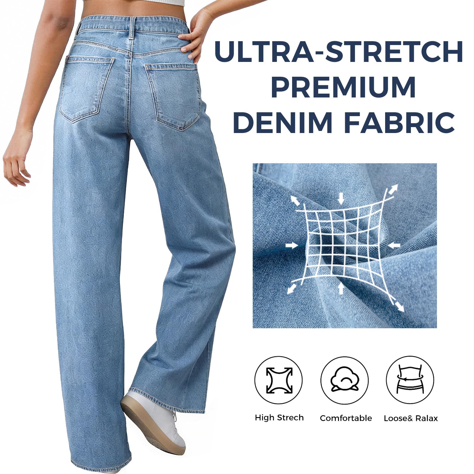 Women's Wide Leg Jeans High Waisted Baggy Straight Leg Loose Stretchy Casual Denim Pants