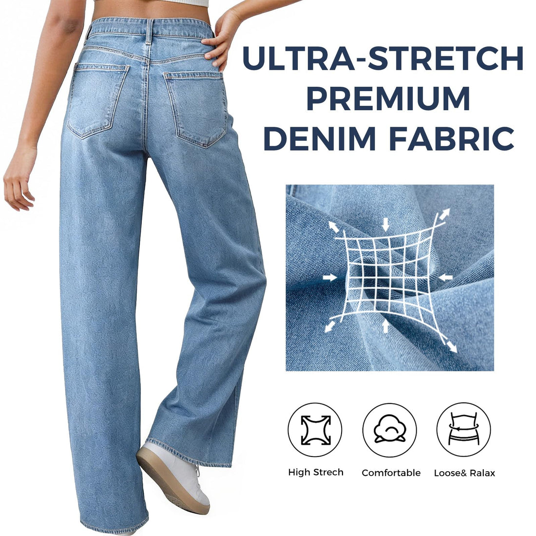 Women's Wide Leg Jeans High Waisted Baggy Straight Leg Loose Stretchy Casual Denim Pants