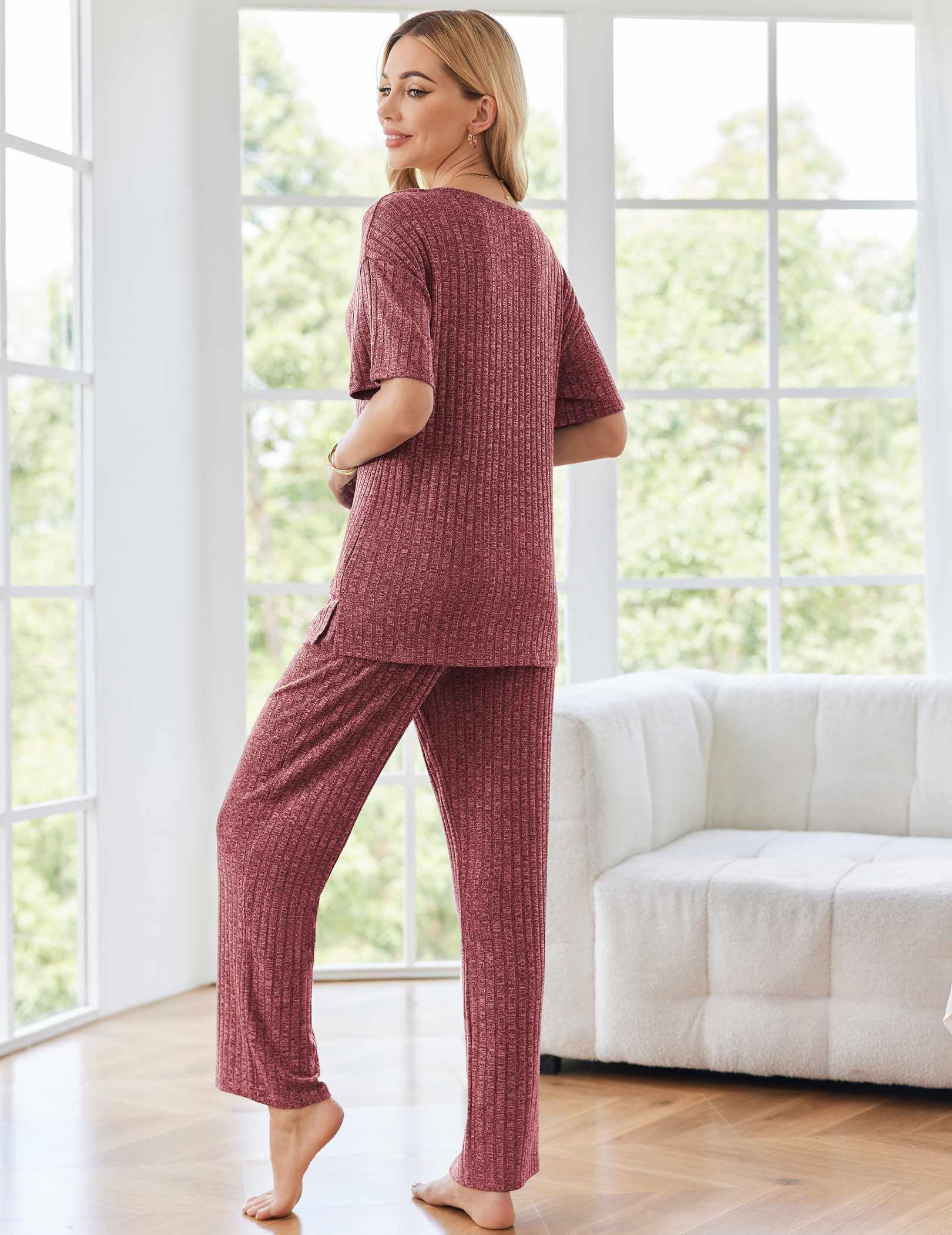 Ekouaer Womens Ribbed Knit Lounge Set Short Sleeve Top and Long Pants Sleepwear Pajama Set Two Piece Matching Outfits Set