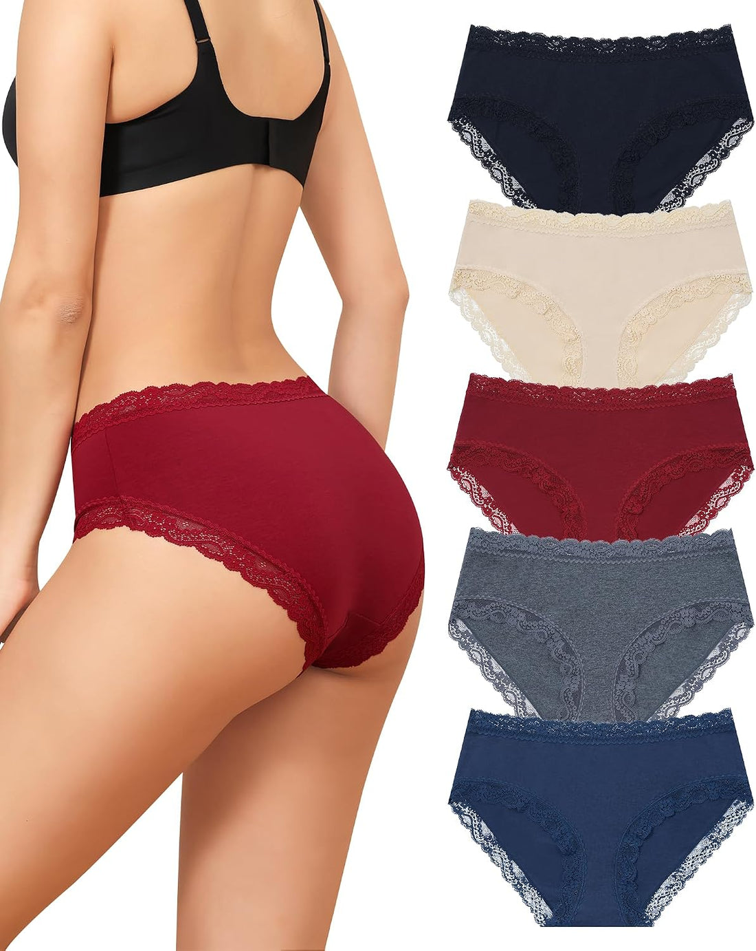 LEVAO Women's Cotton Brief Panties Soft Breathable Lace Trim 5 Pack